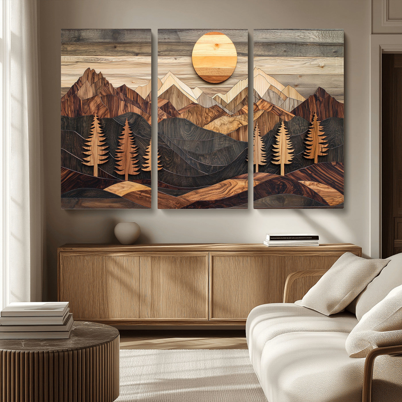 90044381-MGV-CV-36X24-Rustic Wall Art – Wooden Mountain Landscape with Sun and Pine Trees, Handcrafted Nature Canvas Style Decor for Bedroom, Living