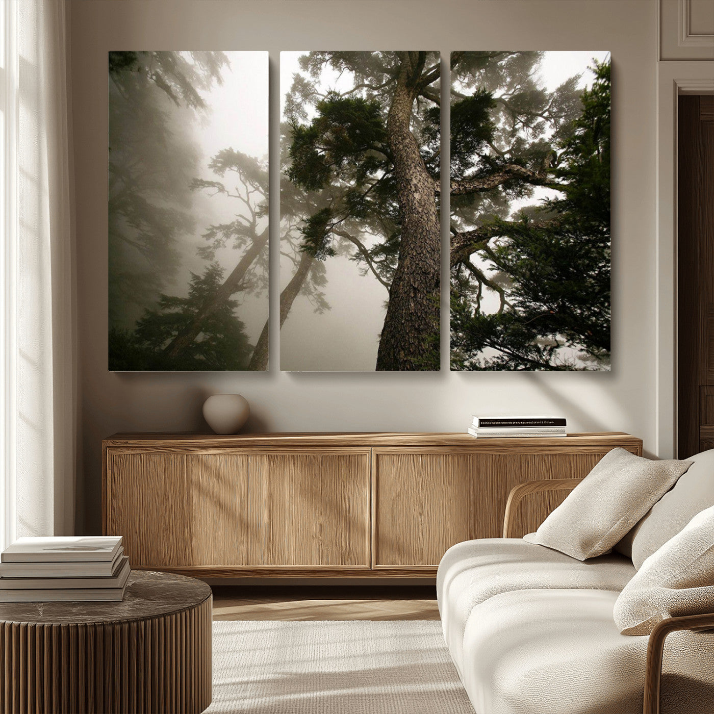 87969493-MGV-CV-36X24-Forest Wall Art – Misty Tall Trees Canvas Print, Dramatic Woodland Photography Decor for Bedroom, Living Room, Office, Cabin,