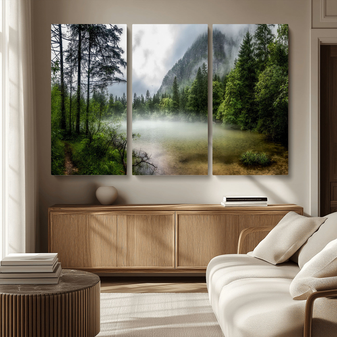 93123937-MGV-CV-36X24-Landscape Wall Art – Misty Mountain Lake Canvas Print, Tranquil Forest and Waterfall Photography Decor for Bedroom, Living Room,