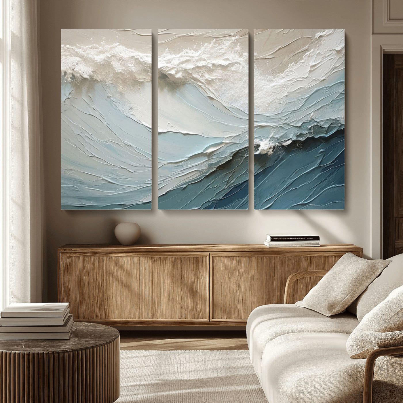 53646-MGV-CV-36X24-Ocean Wave Wall Art Canvas Print, Framed Textured Seascape Art Picture Print, Modern Ocean Perfect Minimal Coastal 2/2 Decor