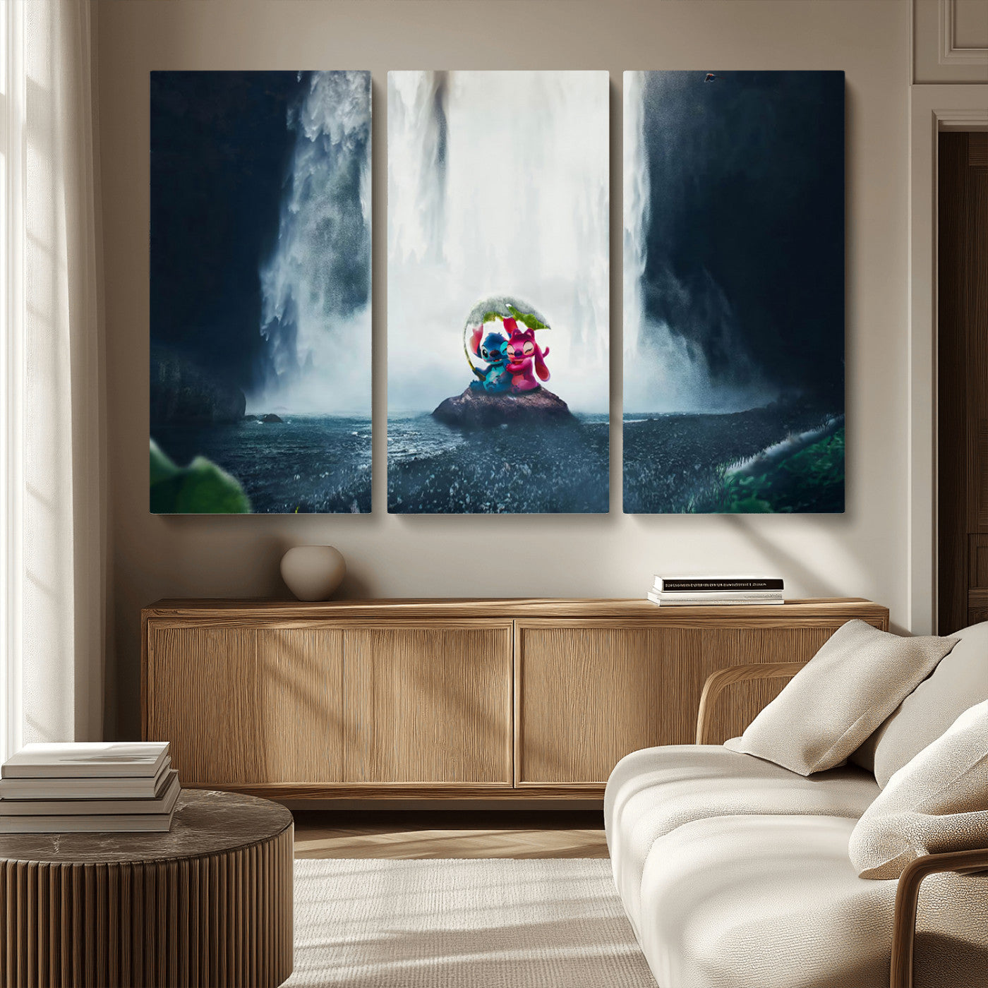 32259-MGV-CV-36X24-Stitch Angel Wall Art Canvas Print, Framed Stitch Waterfall Art Picture Print, Cartoon Couple Perfect Moody Fantasy Decor Artwork