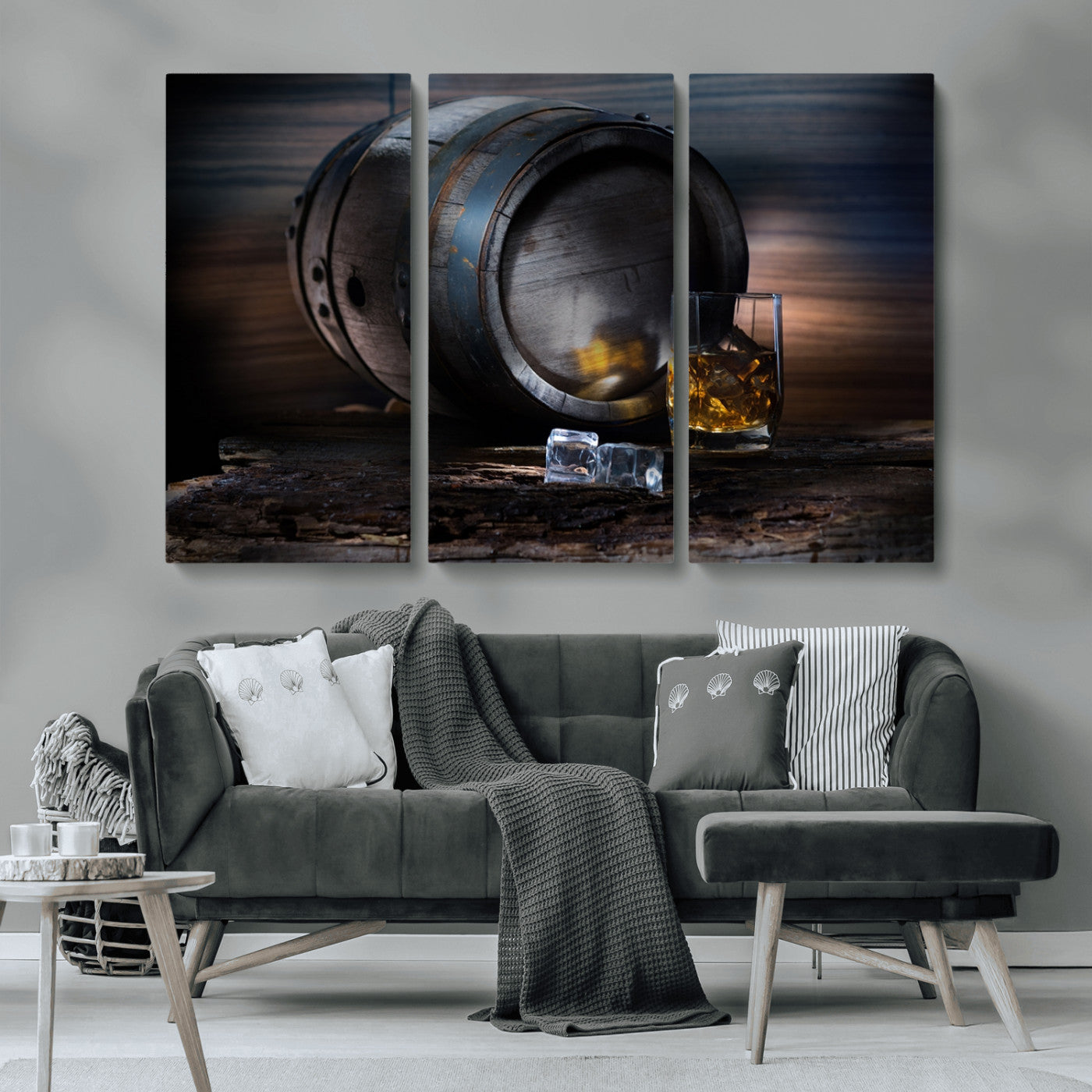 78049-MGV-CV-36X24-Whiskey Barrel Wall Art – Rustic Whiskey Barrel and Glass with Ice Canvas Print, Classic Bar or Lounge Decor for Home, Office, or