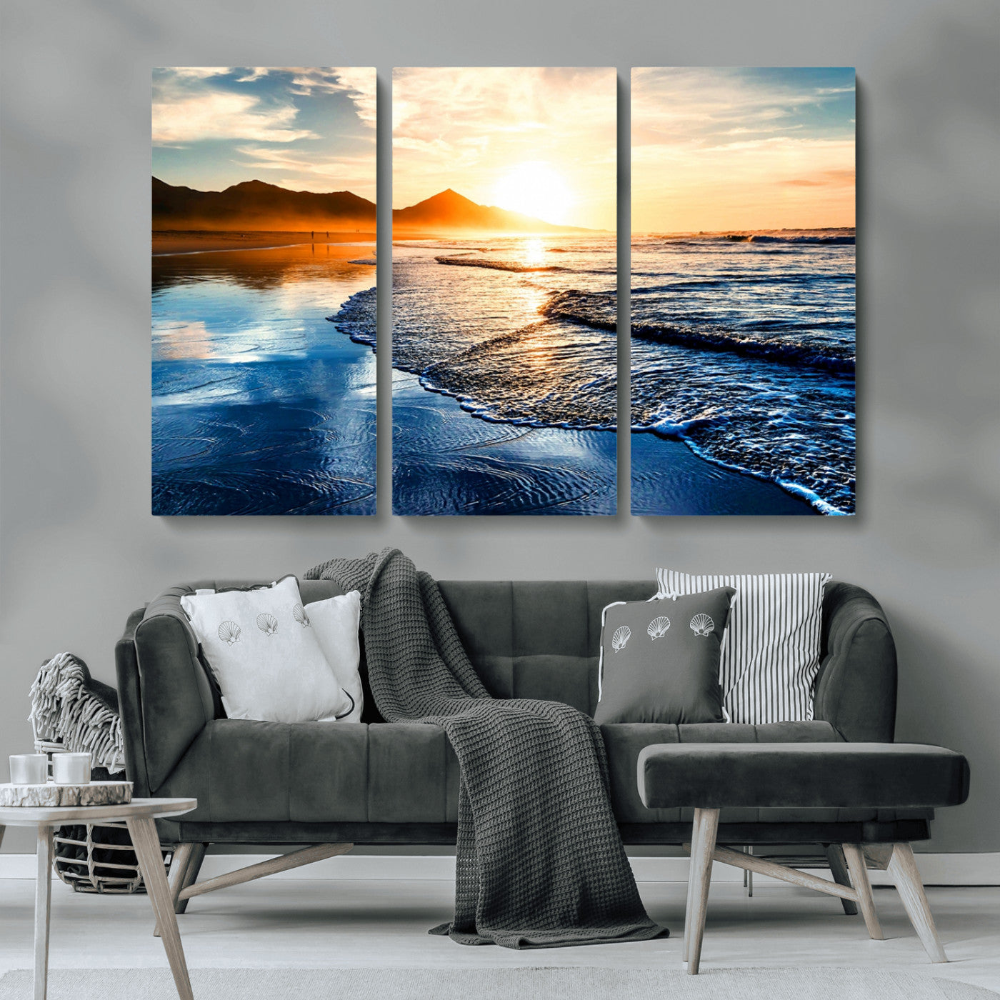 86173-MGV-CV-36X24-Golden Sunset Beach Wall Art – Reflective Ocean Canvas Print with Mountains and Waves, Coastal Nature Decor for Living Room,