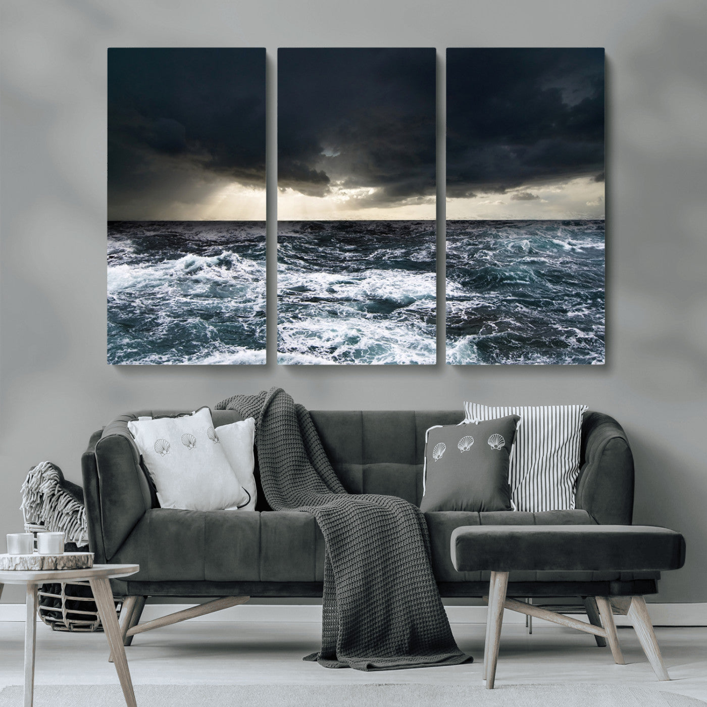 42607-MGV-CV-36X24-Stormy Ocean Wall Art – Dramatic Sea and Sky Canvas Print with Sun Rays, Moody Nature Decor for Living Room, Office, Bedroom or