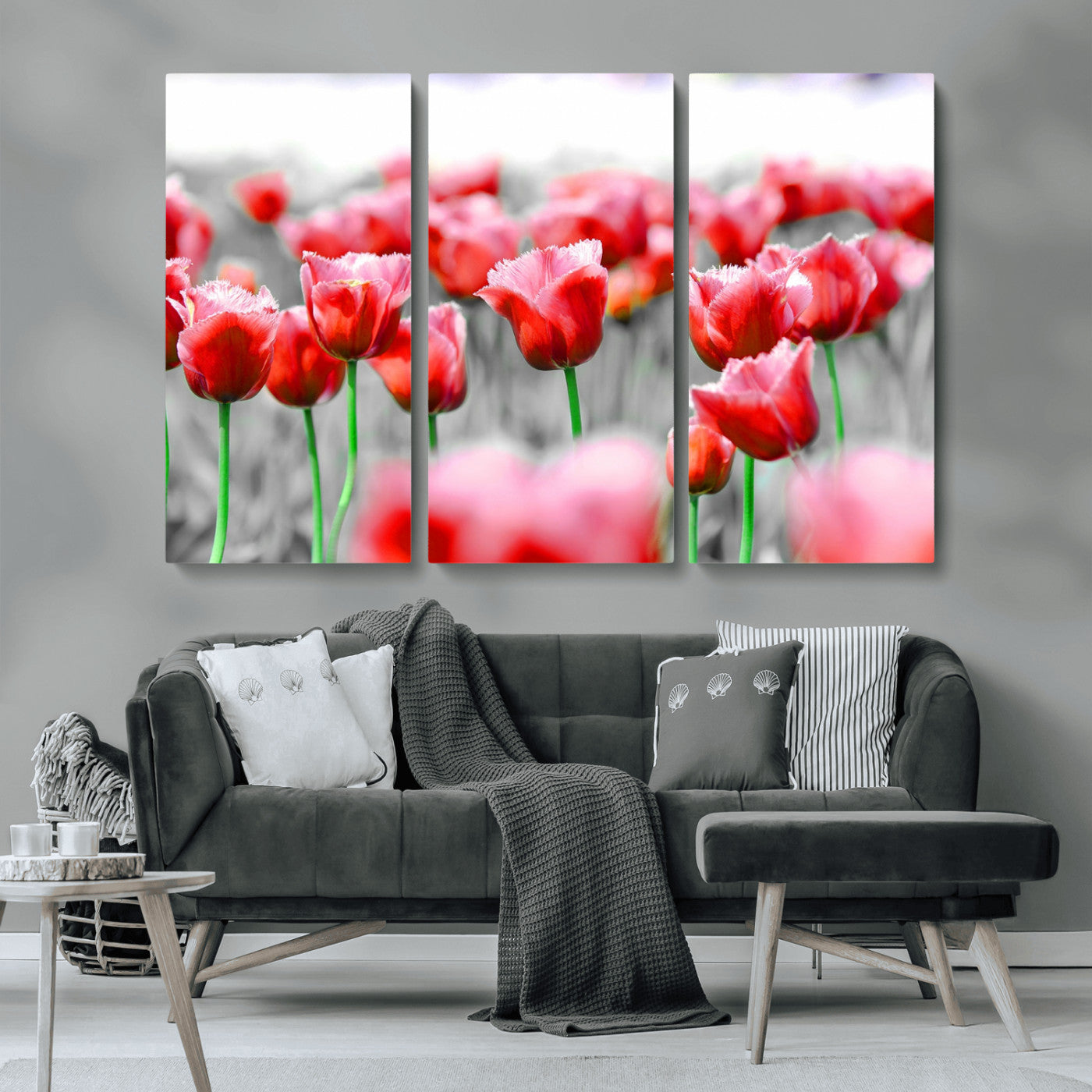 44554-MGV-CV-36X24-Vibrant red tulips stand out beautifully against a black-and-white background, making a striking decor piece perfect for any home