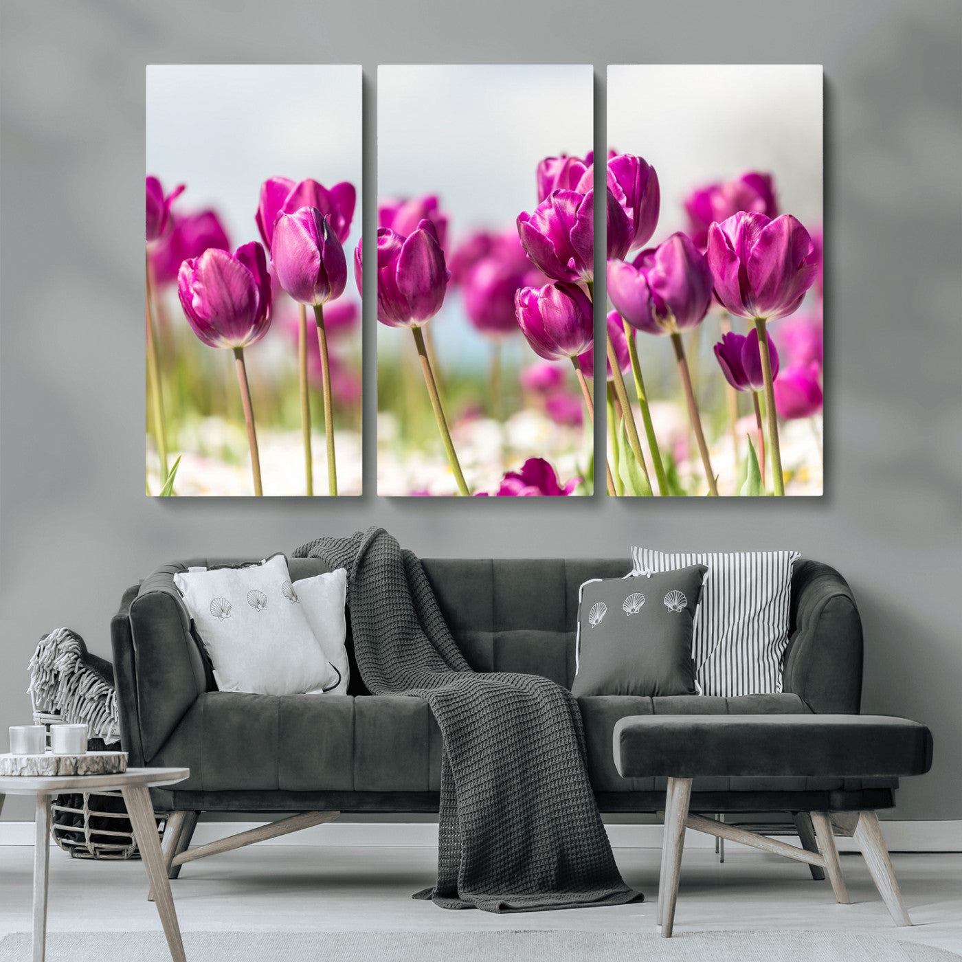 30632-MGV-CV-36X24-Purple Tulip Field Wall Art – Beautiful Spring Flowers Canvas Print with Soft Focus and Bright Sky, Ideal Floral Decor for Home or