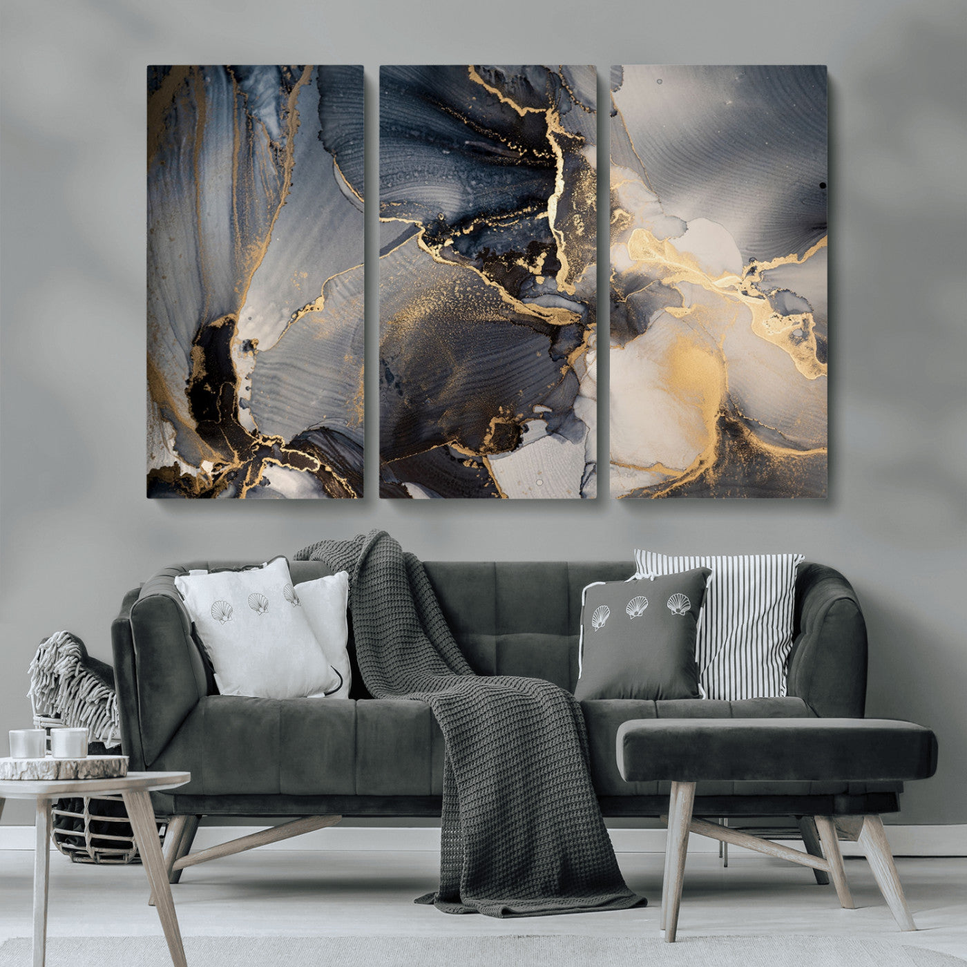 24068-MGV-CV-36X24-Luxury Abstract Wall Art – Gold & Gray Fluid Ink Painting Canvas, Modern Metallic Home Decor, Elegant Office or Living Room Accent