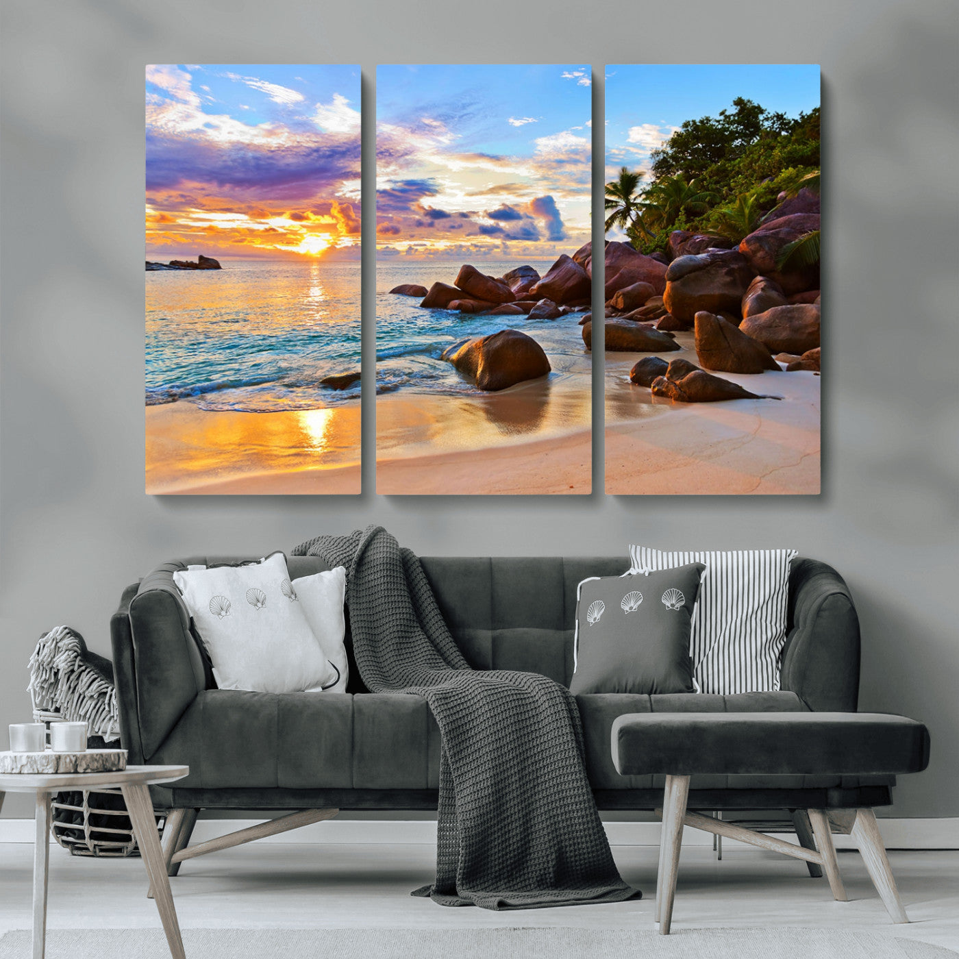 43209-MGV-CV-36X24-Tropical Beach Sunset Wall Art – Golden Ocean Waves and Palm Trees with Rocky Shore Canvas Print, Coastal Seascape Decor for