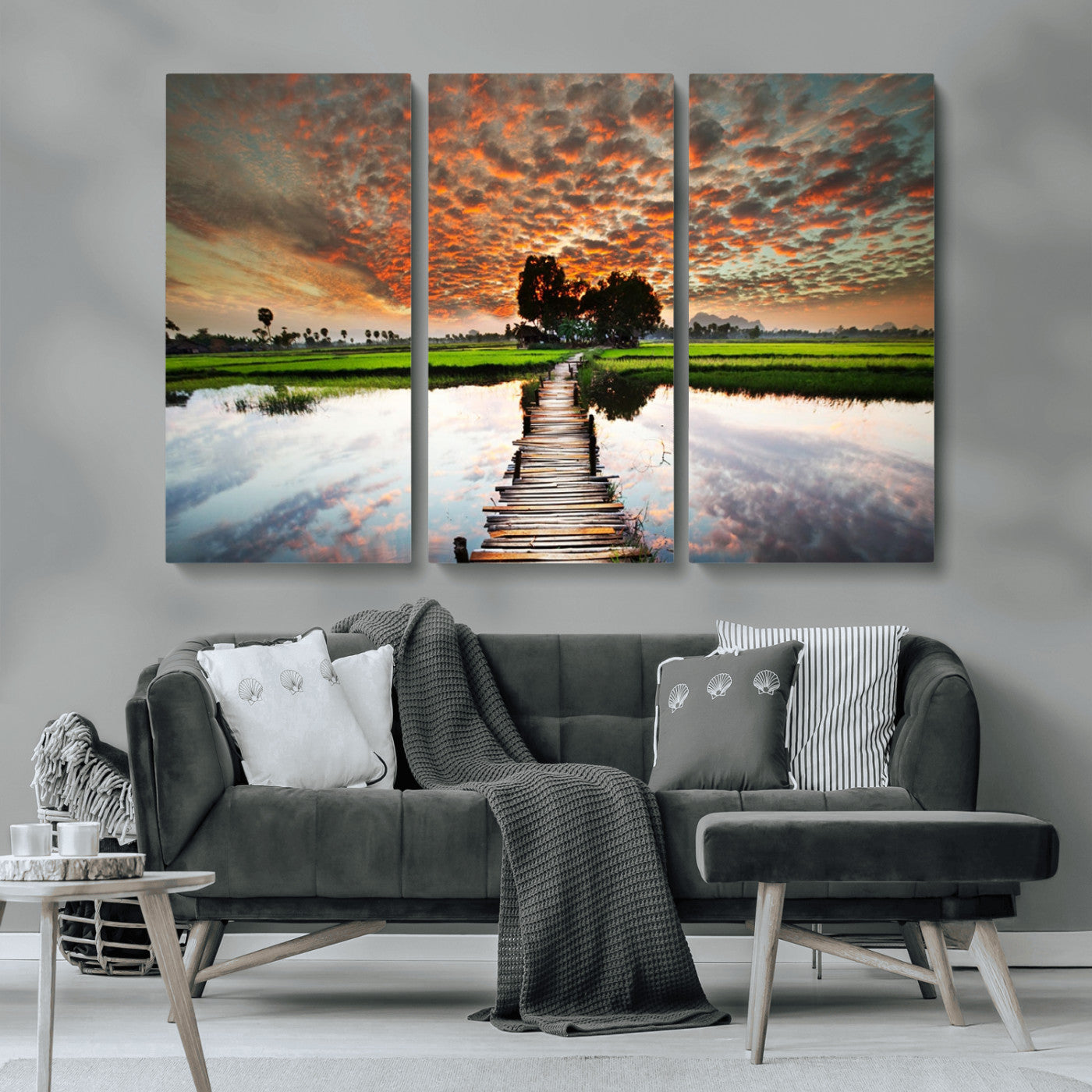29105-MGV-CV-36X24-Rustic Wooden Bridge Wall Art – Scenic Sunset Over Rice Fields and Reflective Water Canvas Print, Nature Landscape Decor for