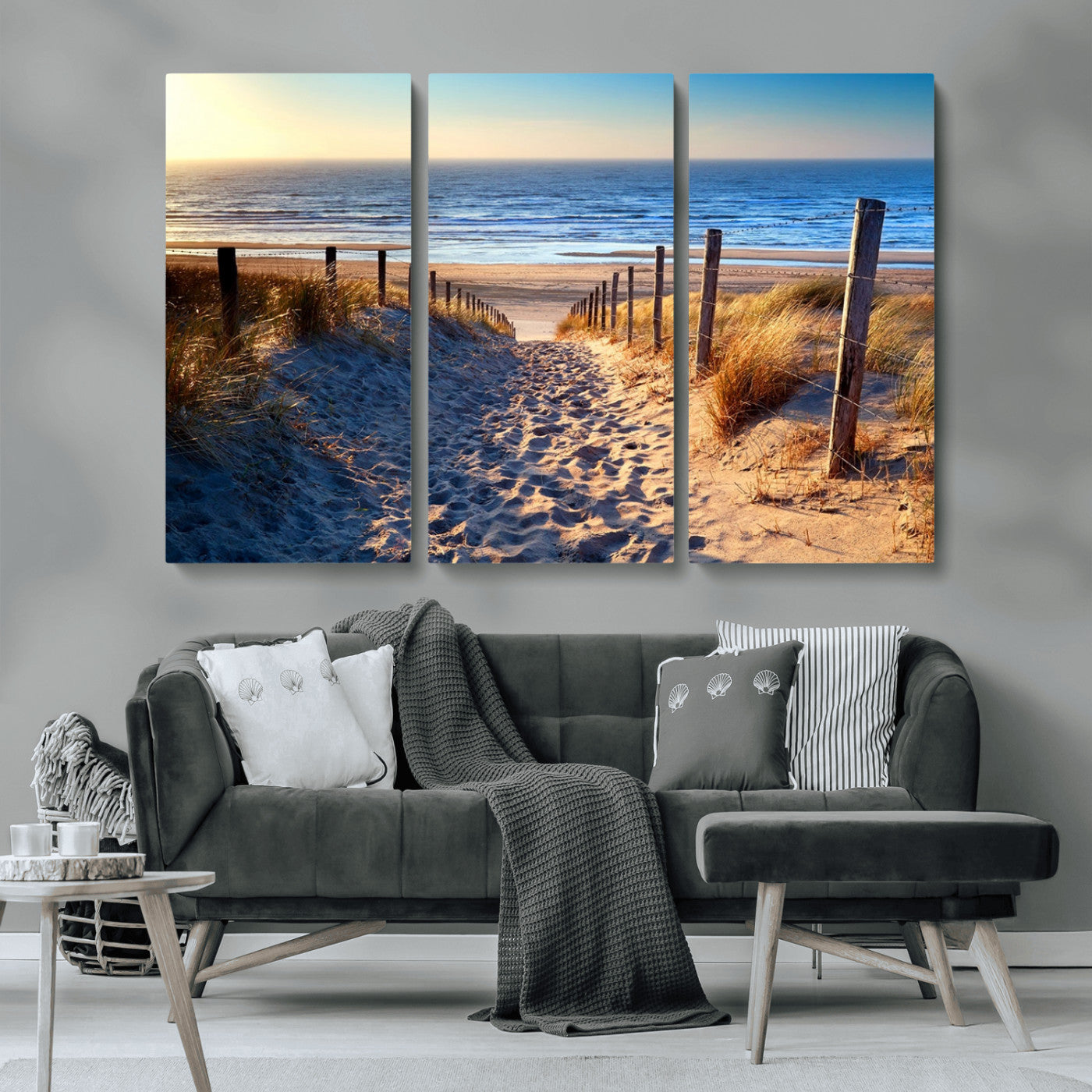 31889-MGV-CV-36X24-Sandy Beach Pathway Wall Art – Coastal Dune Fence and Ocean View Canvas Print, Relaxing Seaside Landscape Decor for Living Room or