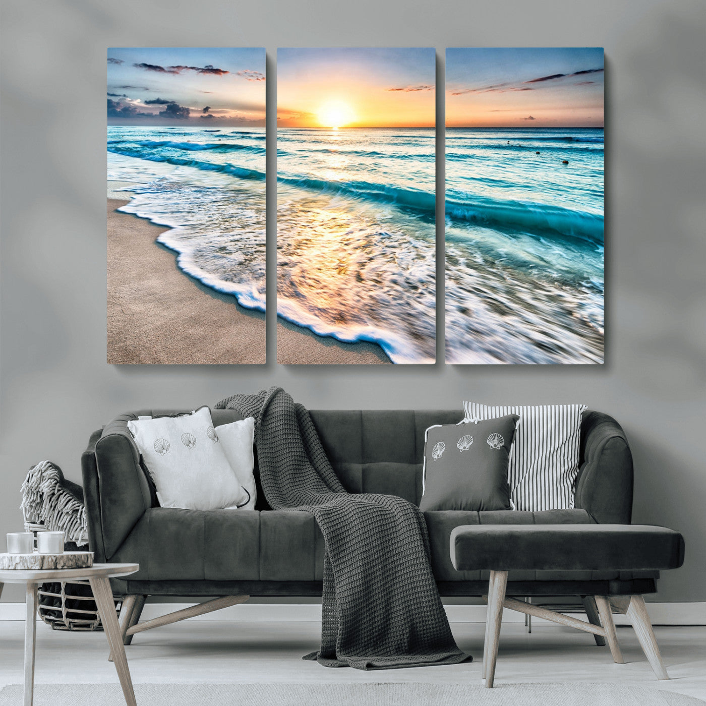 27815-MGV-CV-36X24-Ocean Sunrise Beach Wall Art – Serene Coastal Canvas Print with Waves and Golden Morning Light, Relaxing Seascape Decor for