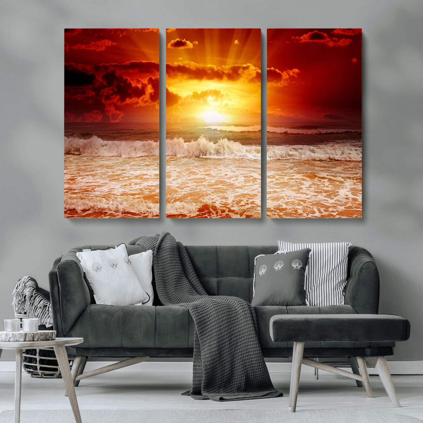 60211-MGV-CV-36X24-Fiery Sunset Ocean Wall Art – Red Sky Seascape Canvas Print with Waves, Bold Coastal Sunset Decor for Living Room or Bedroom