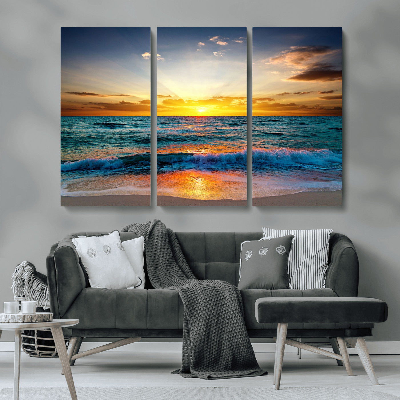 50627-MGV-CV-36X24-Ocean Sunset Wall Art – Serene Beach Canvas Print with Waves and Golden Sky, Coastal Decor for Living Room or Office