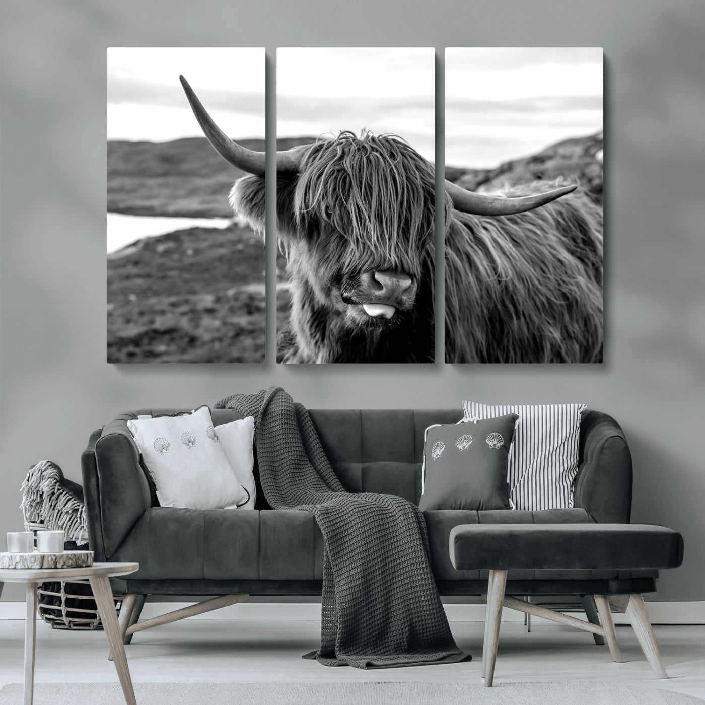 83810-MGV-CV-36X24-Highland Cow Wall Art – Black and White Highland Cattle Print, Rustic Farmhouse Animal Decor for Living Room or Office