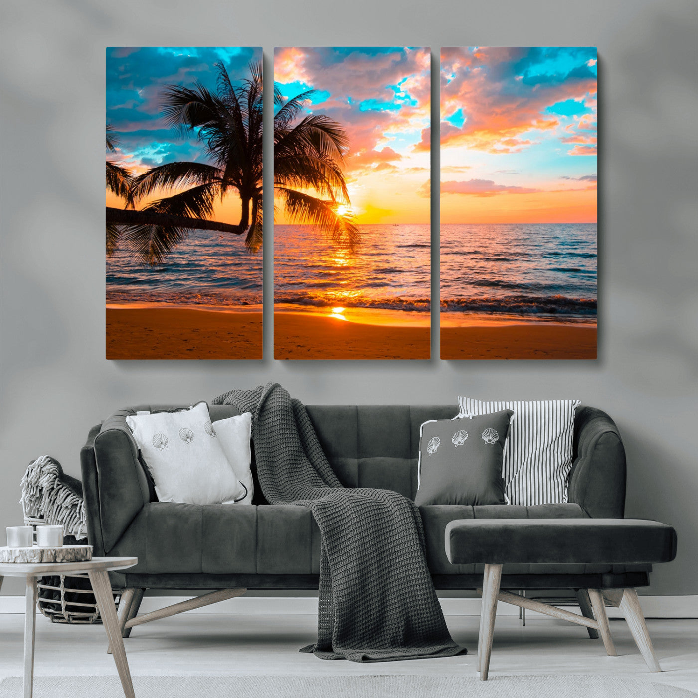 34674-MGV-CV-36X24-Tropical Sunset Beach Wall Art – Palm Tree Ocean Canvas Print, Coastal Seascape Decor for Living Room or Office Wall