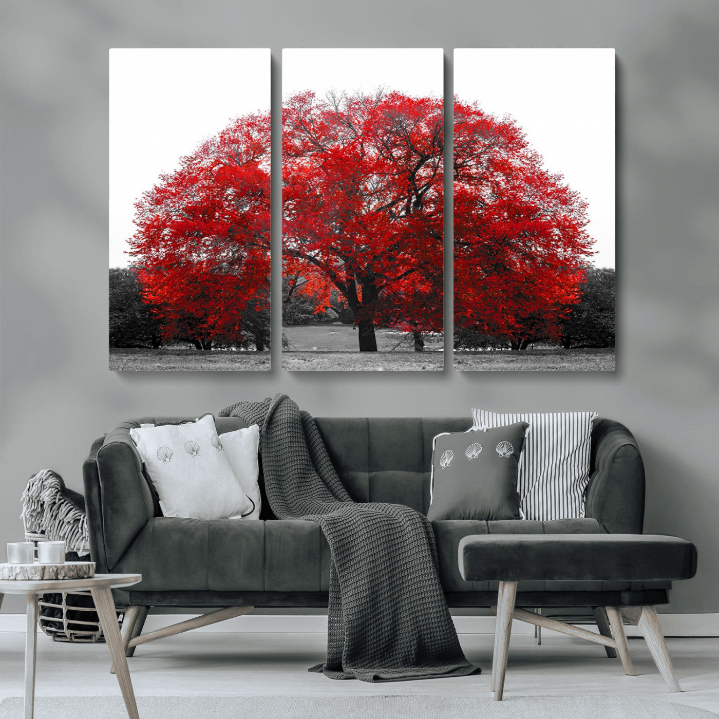 80021-MGV-CV-36X24-Red Tree Wall Art – Striking Black and White Landscape Canvas Print with Vibrant Red Leaves, Modern Nature Decor for Living Room