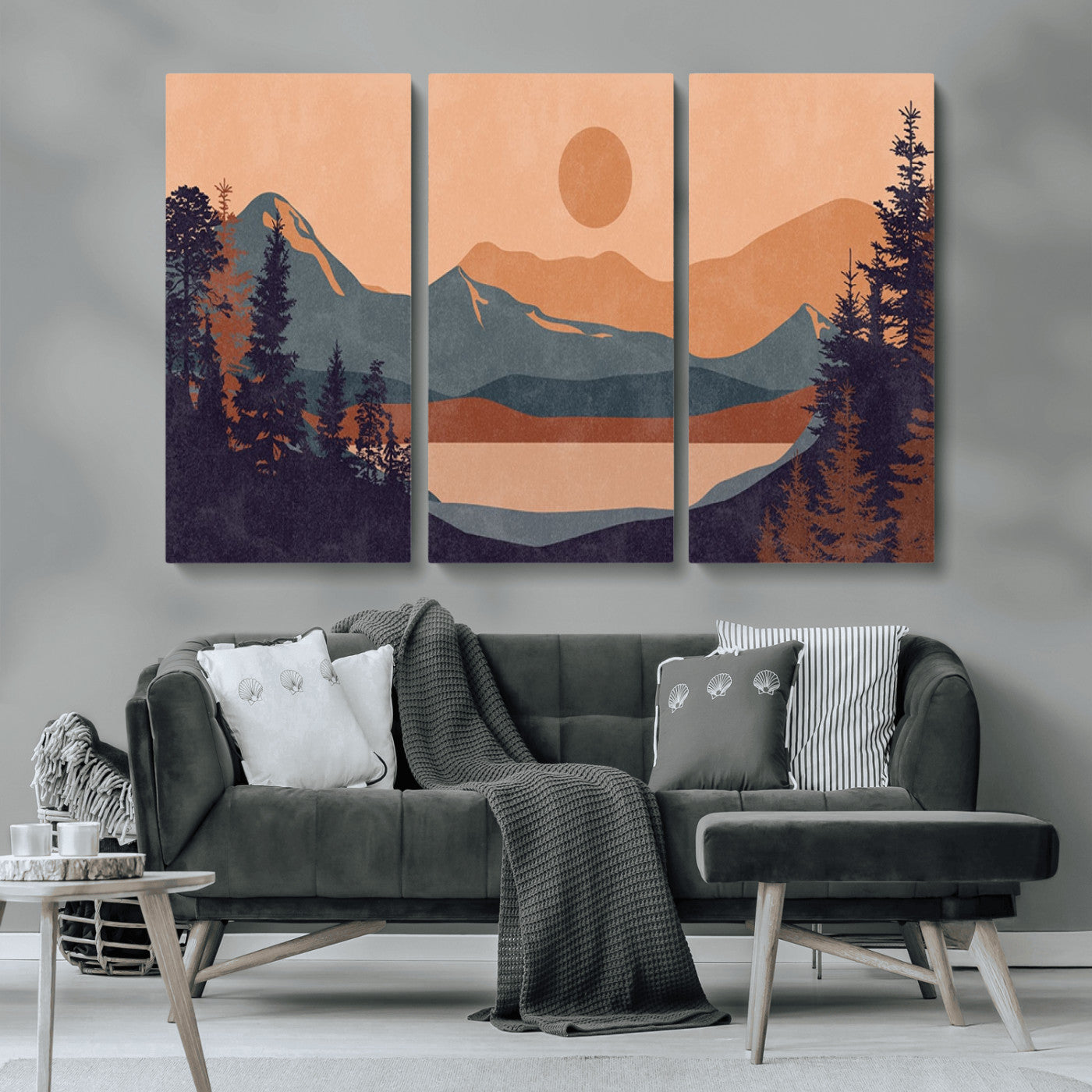 62795-MGV-CV-36X24-Minimalist Mountain Landscape Wall Art – Abstract Sunset Over Peaks and Pine Trees Canvas Print, Modern Nature Decor for Living