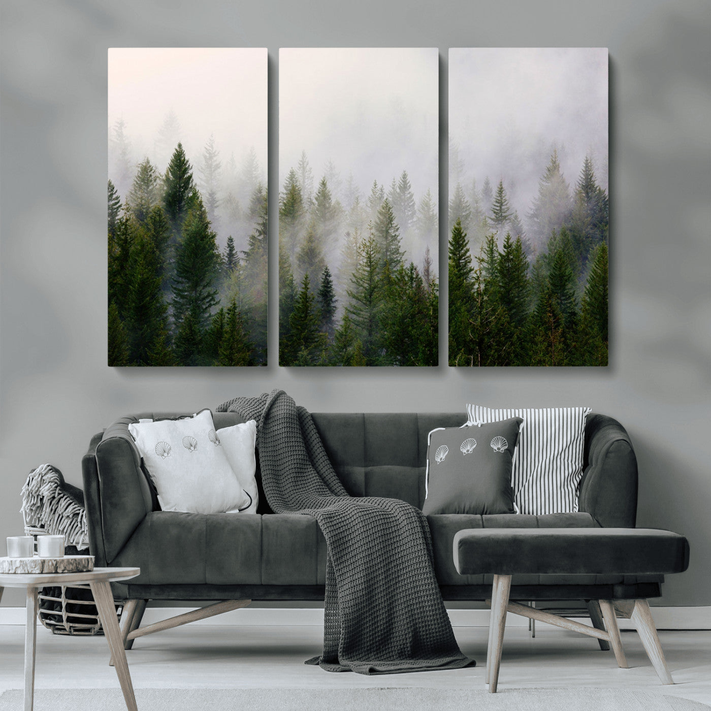 11436-MGV-CV-36X24-Misty Forest Wall Art – Tranquil Evergreen Tree Canvas Print with Foggy Landscape, Nature Inspired Artwork for Bedroom, Living