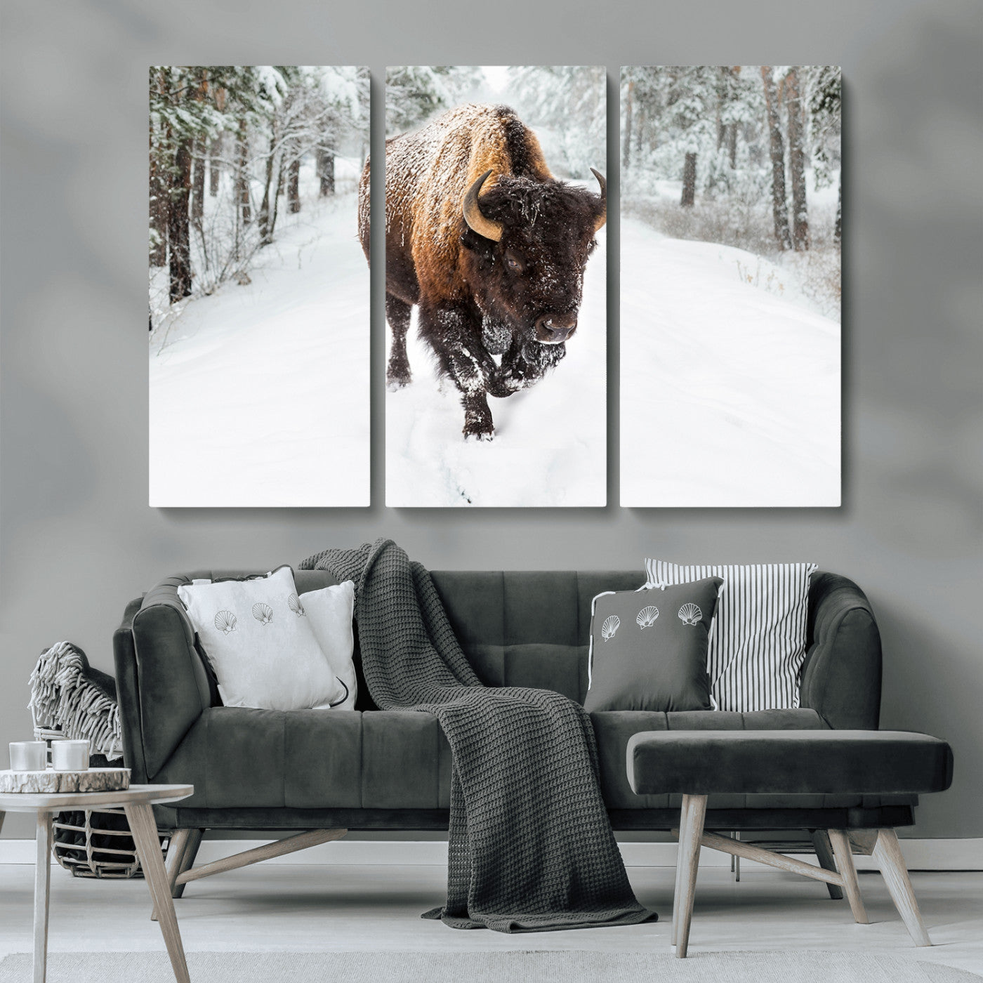 84699-MGV-CV-36X24-Bison in Winter Wall Art – Majestic Buffalo Canvas Print with Snowy Forest Landscape, Rustic Wildlife Artwork for Cabin, Living