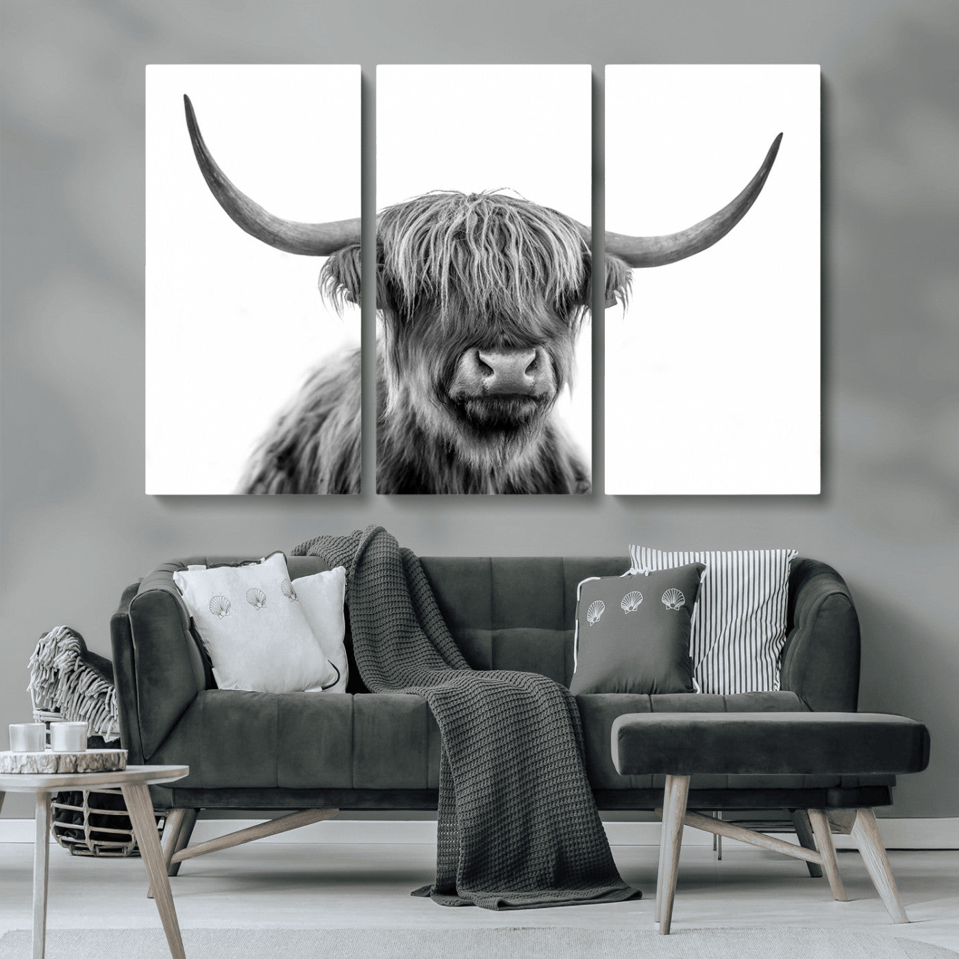 10123-MGV-CV-36X24-Black and White Highland Cow Wall Art – Modern Farmhouse Animal Print, Rustic Scottish Bull Canvas Decor for Living Room, Bedroom,