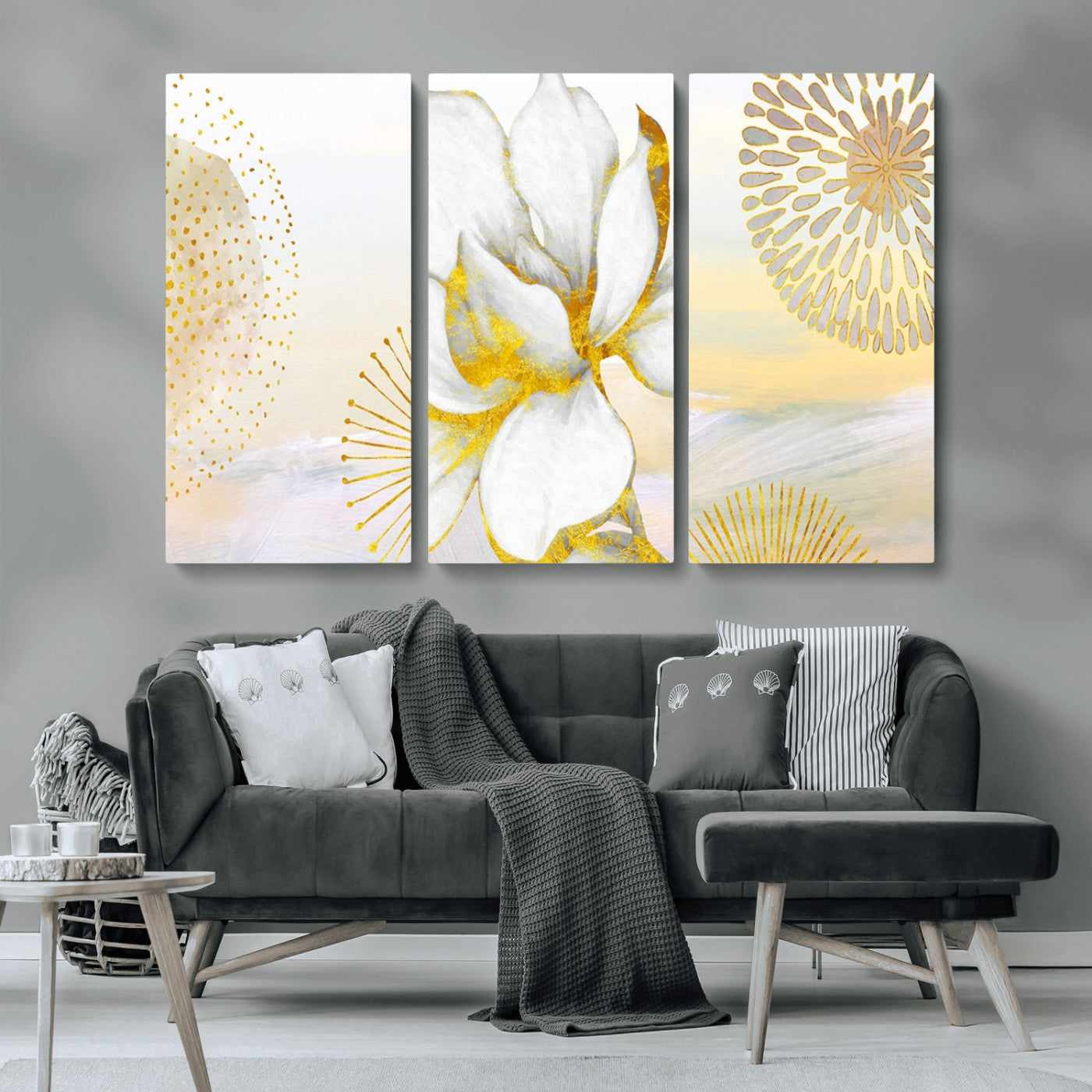 82301-MGV-CV-36X24-Modern Floral Wall Art – White Flower with Gold Detailing Canvas Print, Elegant Abstract Artwork for Living Room, Bedroom, or