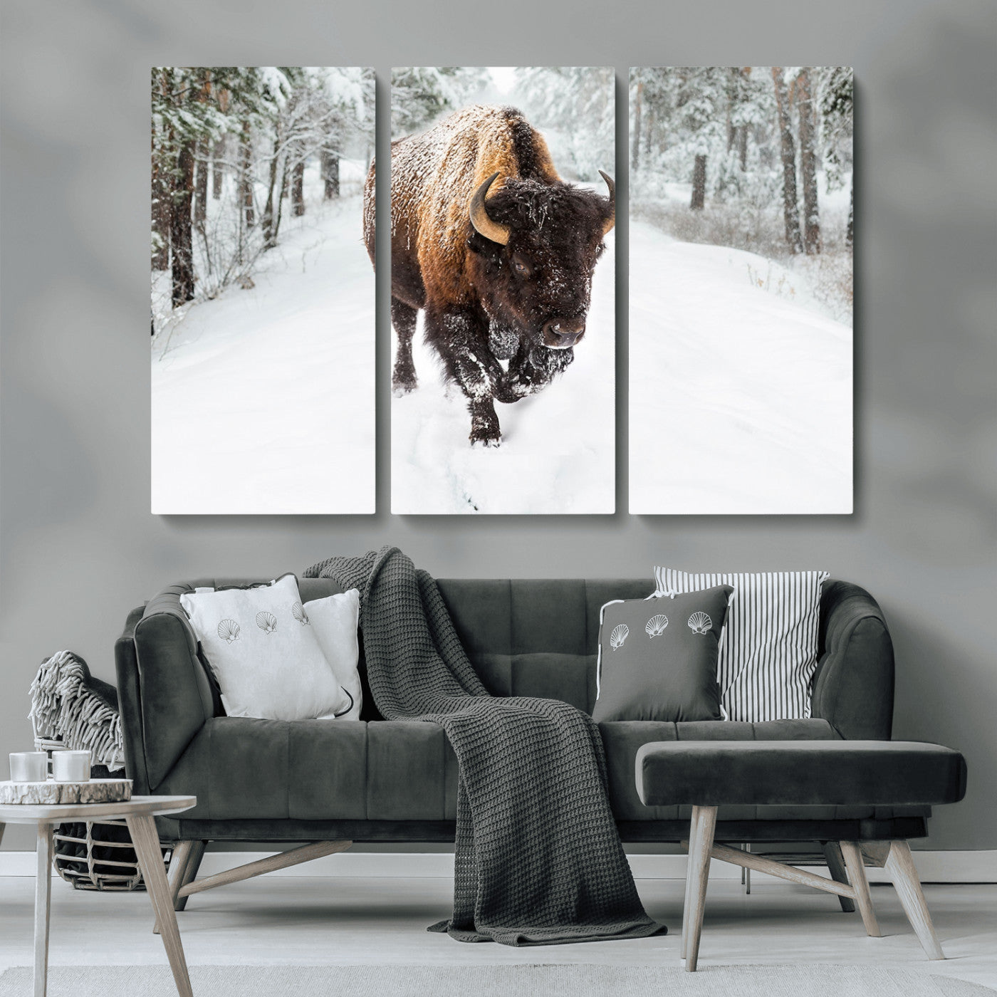 10109-MGV-CV-36X24-Majestic Bison Winter Wall Art – Snowy Forest Buffalo Canvas Print, Rustic Wildlife Photography Decor for Cabin, Lodge, Living