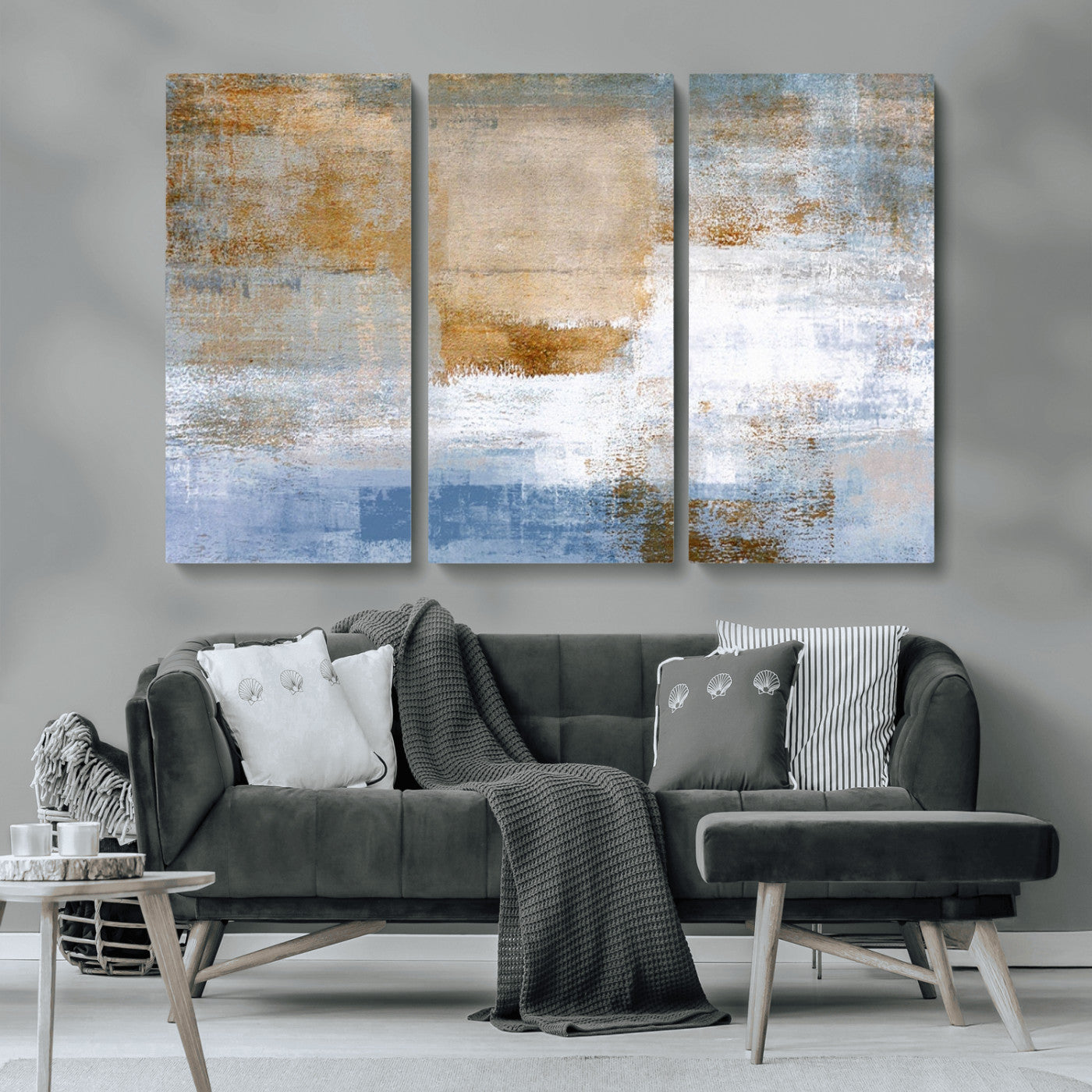 72354-MGV-CV-36X24-Blue and Gold Abstract Wall Art – Modern Minimalist Canvas Print, Textured Contemporary Painting for Living Room, Bedroom, or