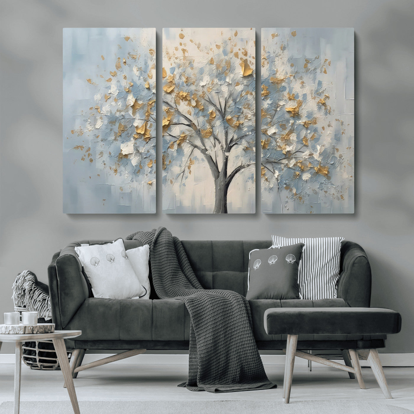 65811-MGV-CV-36X24-Abstract Tree Wall Art – Textured Canvas Painting with Gold and White Leaves, Modern Nature Inspired Decor for Living Room or