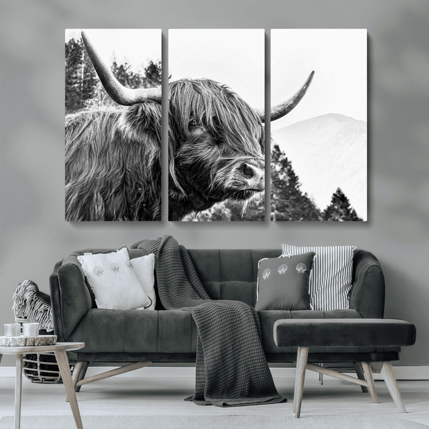 61570-MGV-CV-36X24-Highland Cow Wall Art – Black and White Scottish Bull Canvas Print, Rustic Farmhouse Animal Decor for Living Room, Bedroom, or