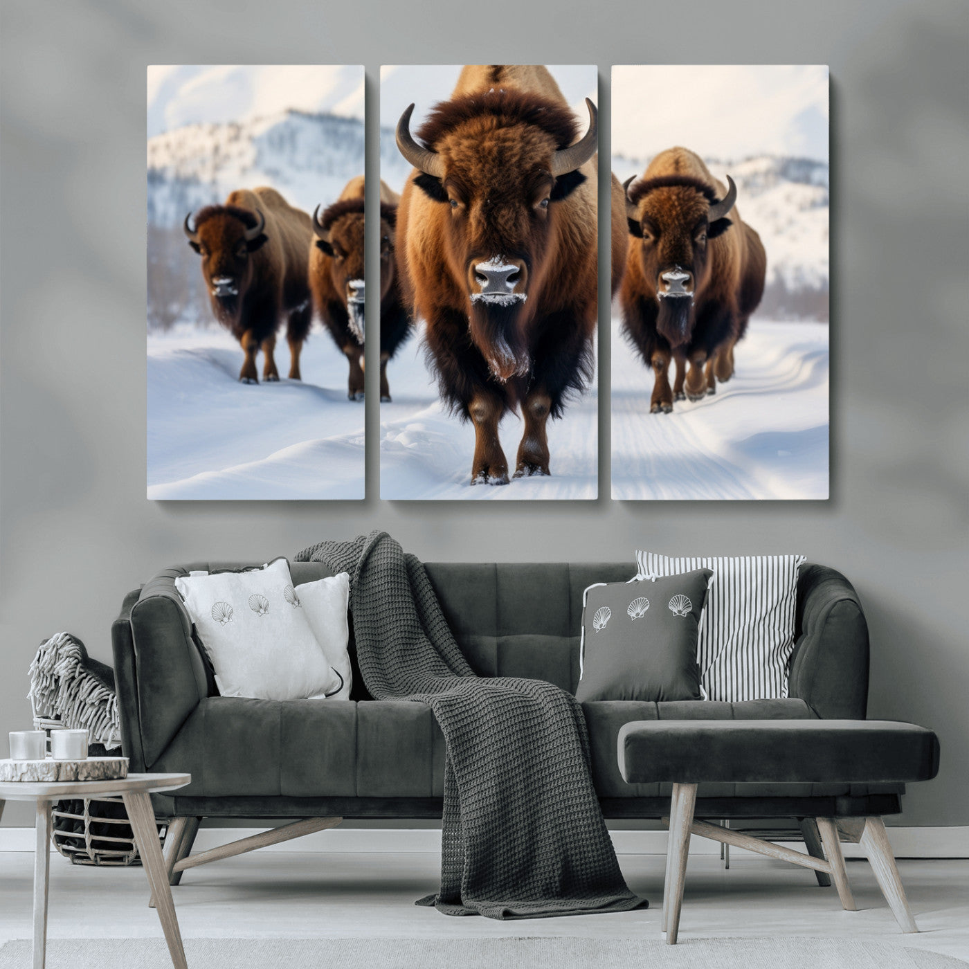 56701-MGV-CV-36X24-Bison Herd Wall Art – Buffalo Walking in Snowy Mountains Canvas Print, Rustic Wildlife Decor for Cabin, Lodge, or Living Room
