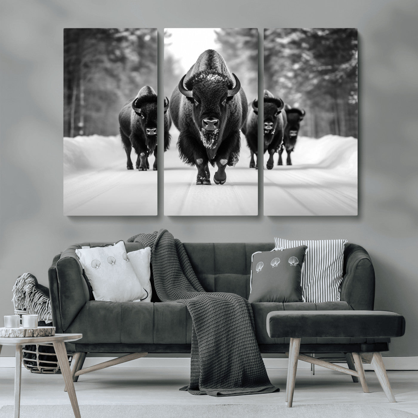 45287-MGV-CV-36X24-Bison Herd Wall Art – Black and White Buffalo Snow Road Canvas Print, Rustic Wildlife Decor for Cabin, Lodge or Living Room