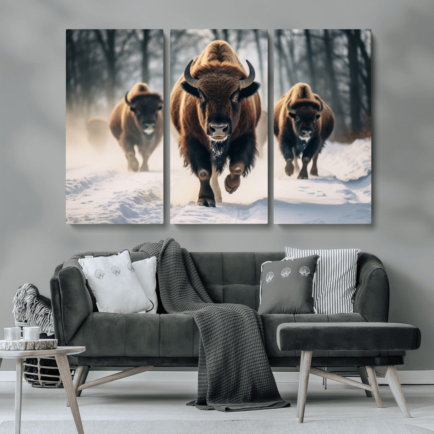 56549-MGV-CV-36X24-Wild Bison Wall Art – Majestic Buffalo Herd Running in Snow Canvas Print, Rustic Wildlife Photography Decor for Cabin, Lodge, or