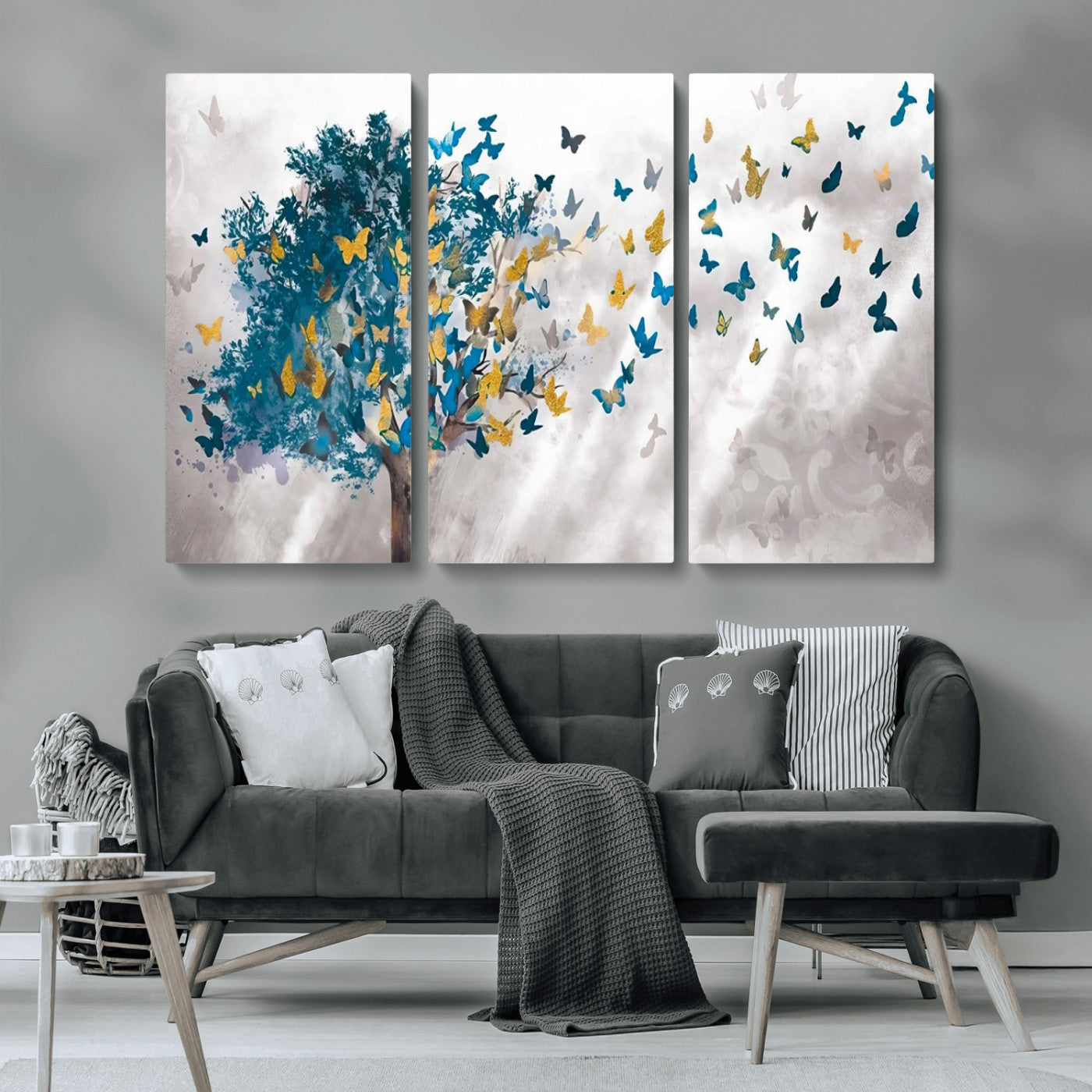 37564-MGV-CV-36X24-Butterfly Tree Wall Art – Modern Nature Canvas Print with Blue and Golden Butterflies, Elegant Decorative Painting for Living Room