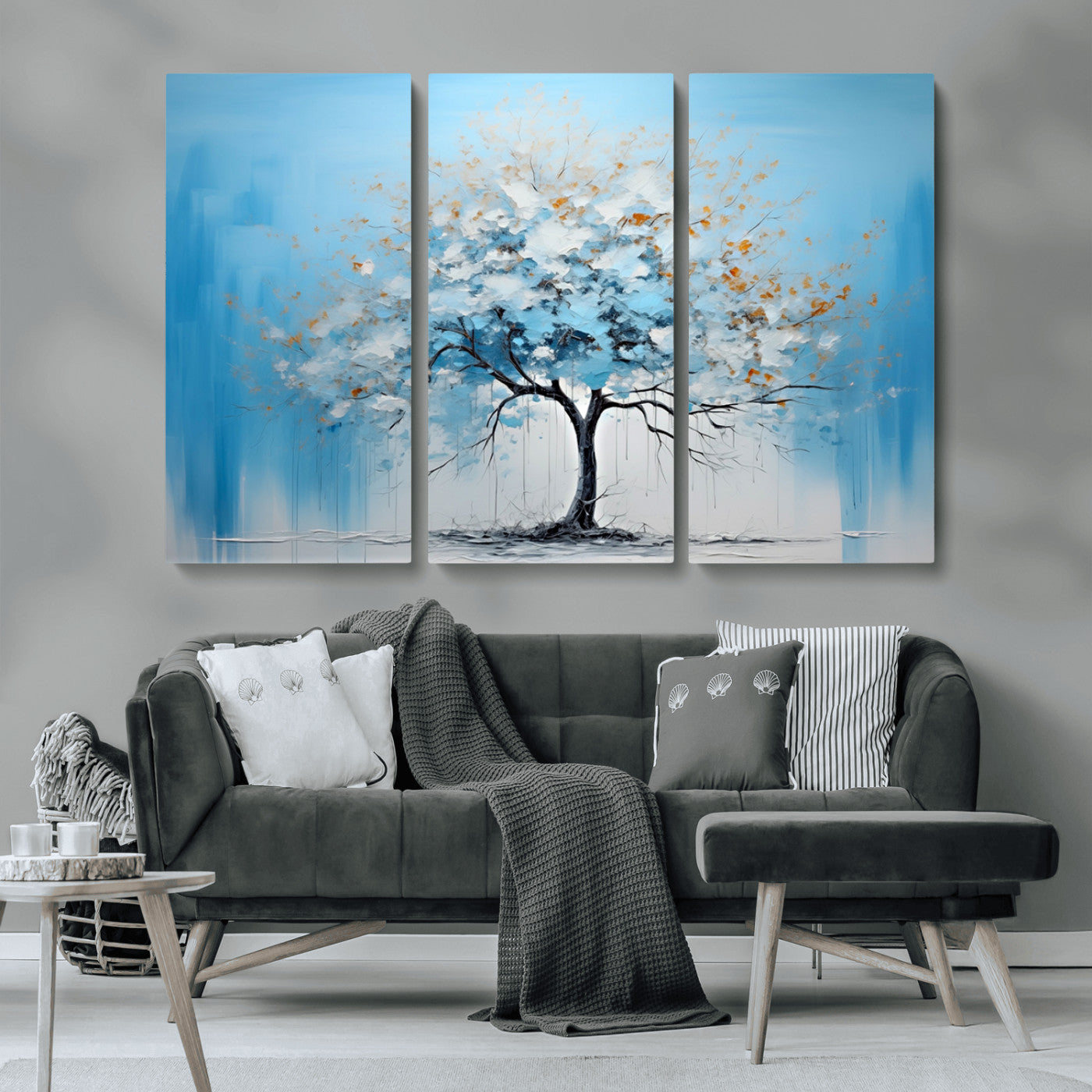 25021-MGV-CV-36X24-Abstract Tree Wall Art – Blue and White Canvas Painting with Gold Accents, Modern Nature-Inspired Artwork for Living Room, Bedroom