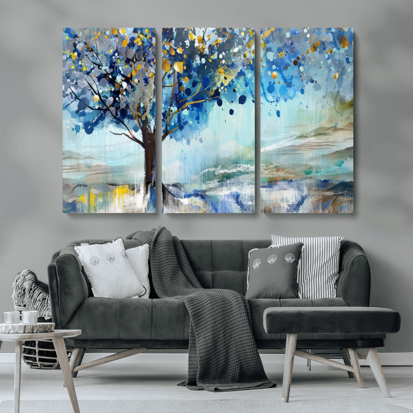 17018-MGV-CV-36X24-Abstract Blue Tree Wall Art – Colorful Canvas Painting with Gold and Silver Accents, Modern Nature Artwork for Living Room,