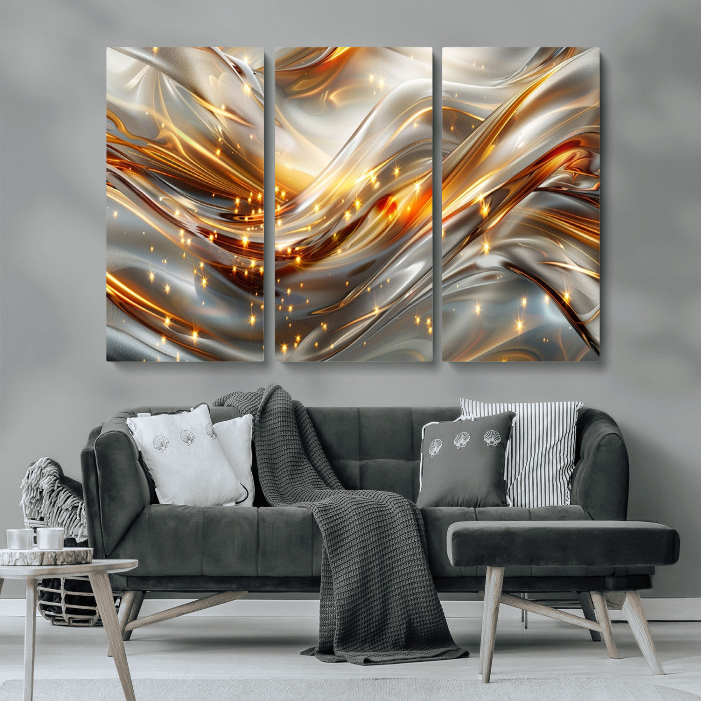 Lines1-MGV-CV-36X24-Abstract Metallic Wall Art – Silver and Gold Wave Canvas Print with Sparkling Accents, Modern Luxury Decor for Living Room, Office
