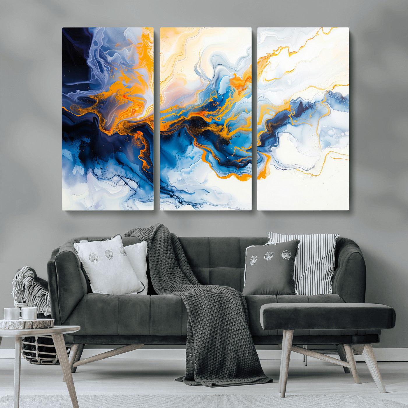83720-MGV-CV-36X24-Abstract Fluid Wall Art – Blue, White and Gold Swirl Canvas Painting, Modern Contemporary Artwork for Living Room, Bedroom or
