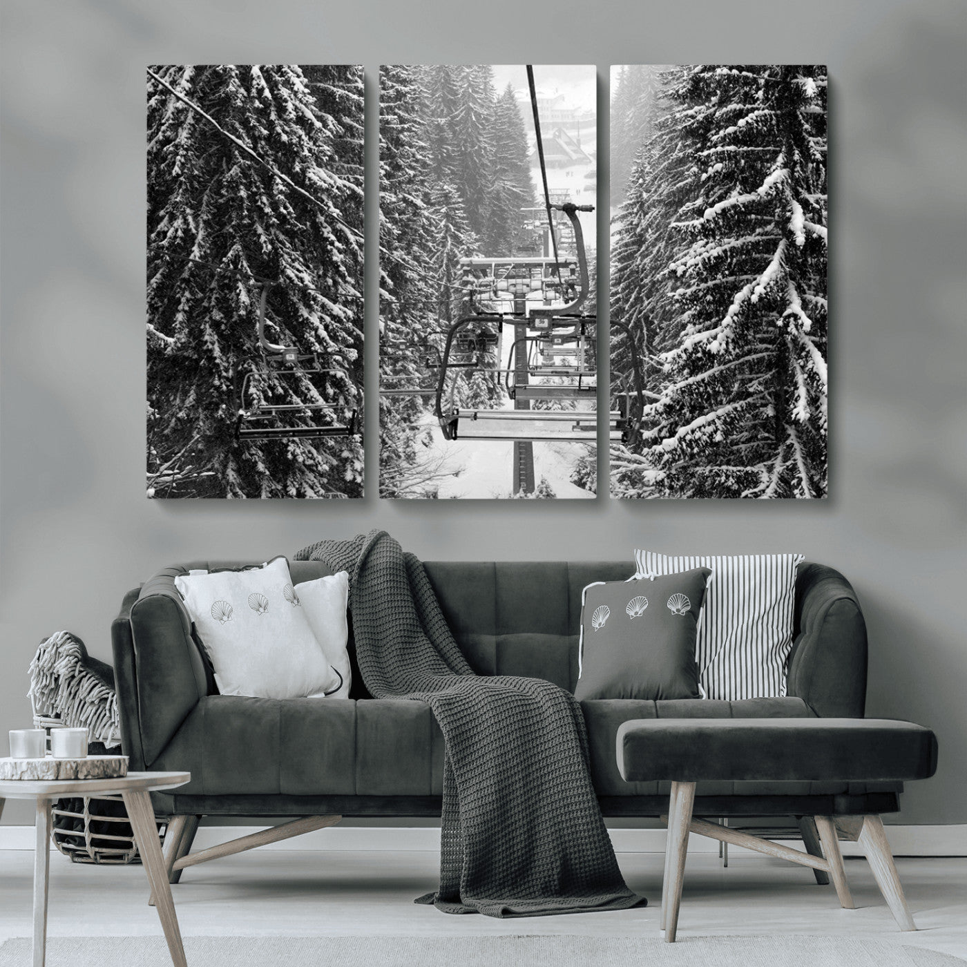 19240-MGV-CV-36X24-Ski Lift Wall Art – Black and White Winter Mountain Canvas Print, Snowy Forest Ski Resort Photography for Cabin, Lodge, Office or