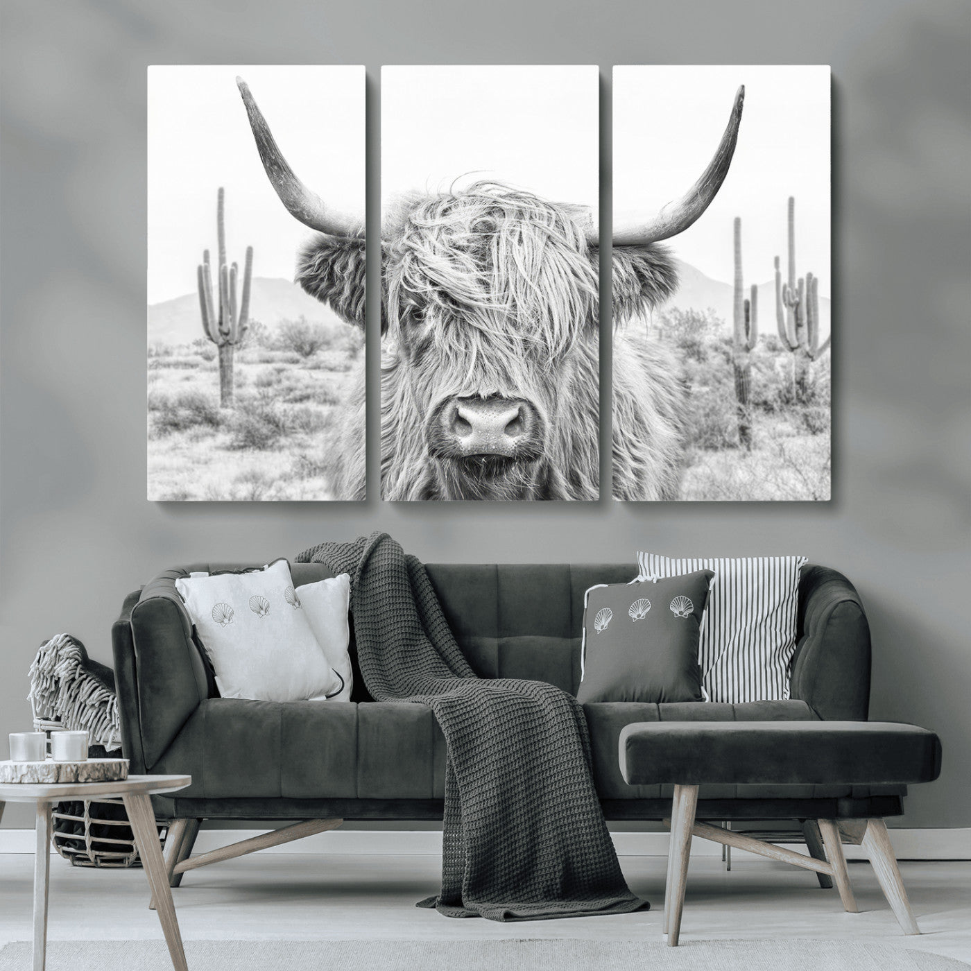 94579-MGV-CV-36X24-Highland Cow Wall Art – Black and White Longhorn Canvas Print, Rustic Western Farmhouse Animal Photography for Living Room,