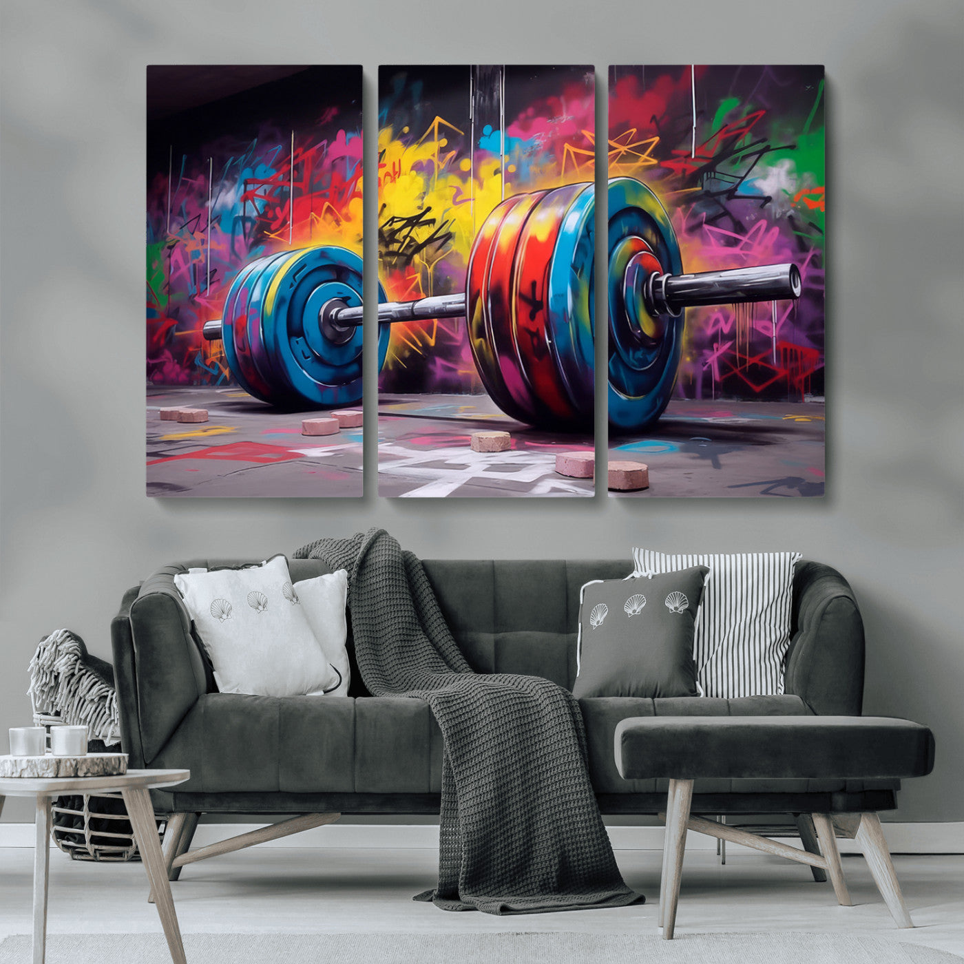 13549-MGV-CV-36X24-Graffiti Gym Wall Art Canvas Print, Framed Graffiti Barbell Art Picture Print, Weightlifting Perfect Fitness Studio Decor Artwork