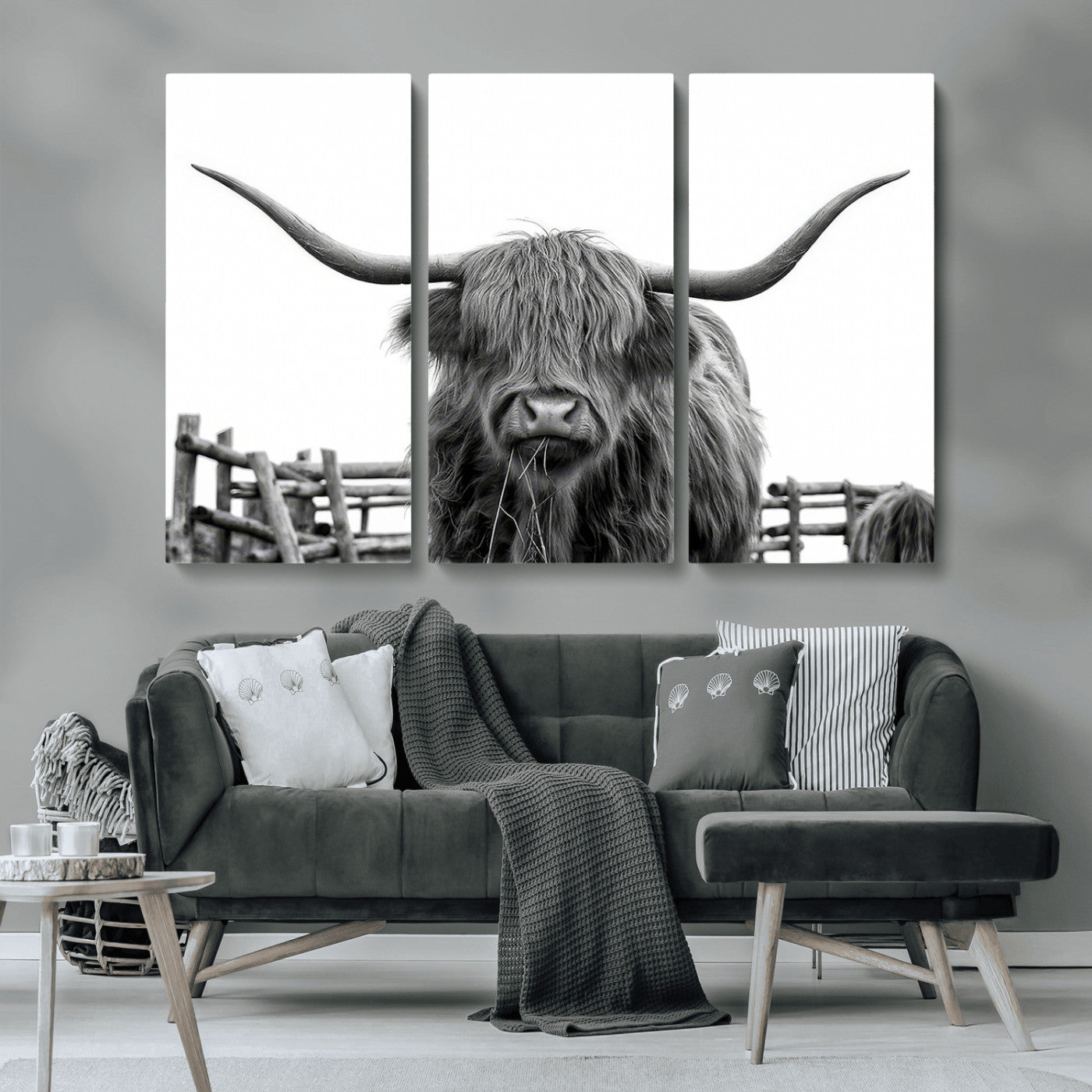 58188-MGV-CV-36X24-Highland Cow Wall Art – Black and White Rustic Farmhouse Canvas Print, Longhorn Cattle Photography Decor for Living Room or