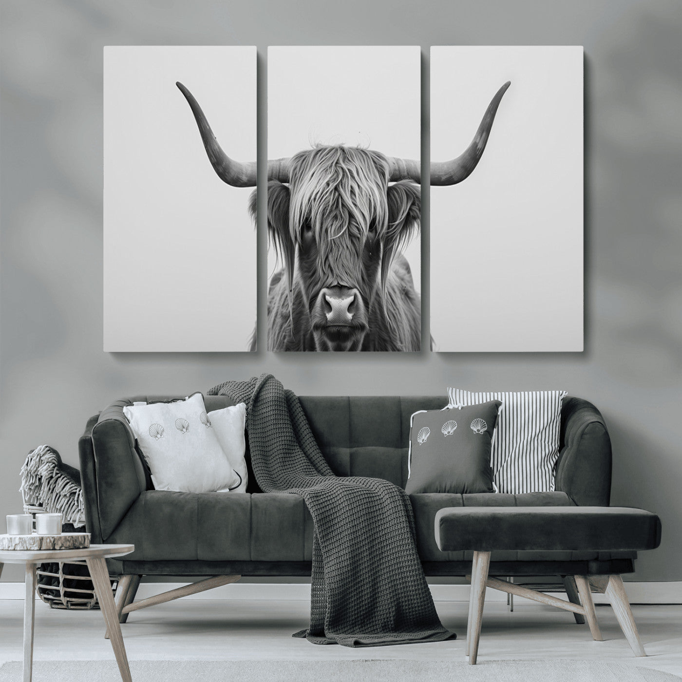 35820-MGV-CV-36X24-Minimalist Highland Cow Wall Art – Black and White Longhorn Cattle Canvas Print, Modern Farmhouse Animal Photography Decor for