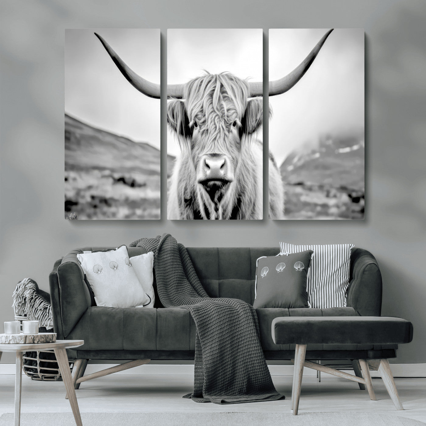 80564-MGV-CV-36X24-Highland Cow Wall Art – Black and White Scottish Highland Canvas Print, Rustic Farmhouse Decor for Living Room, Bedroom or Office
