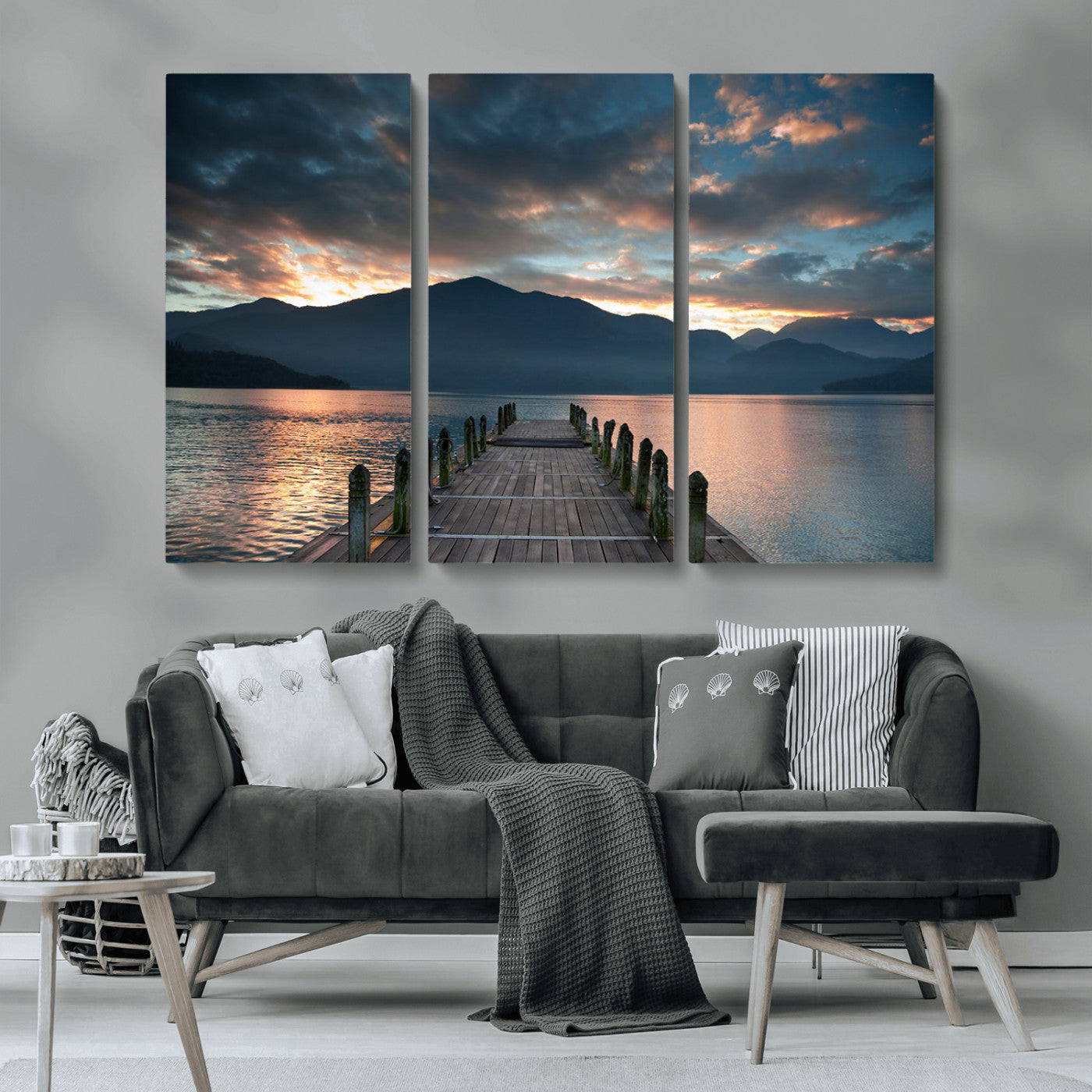 20442-MGV-CV-36X24-Lakeside Sunset Dock Wall Art – Peaceful Mountain Lake Canvas Print, Serene Nature Landscape Decor for Living Room, Bedroom or