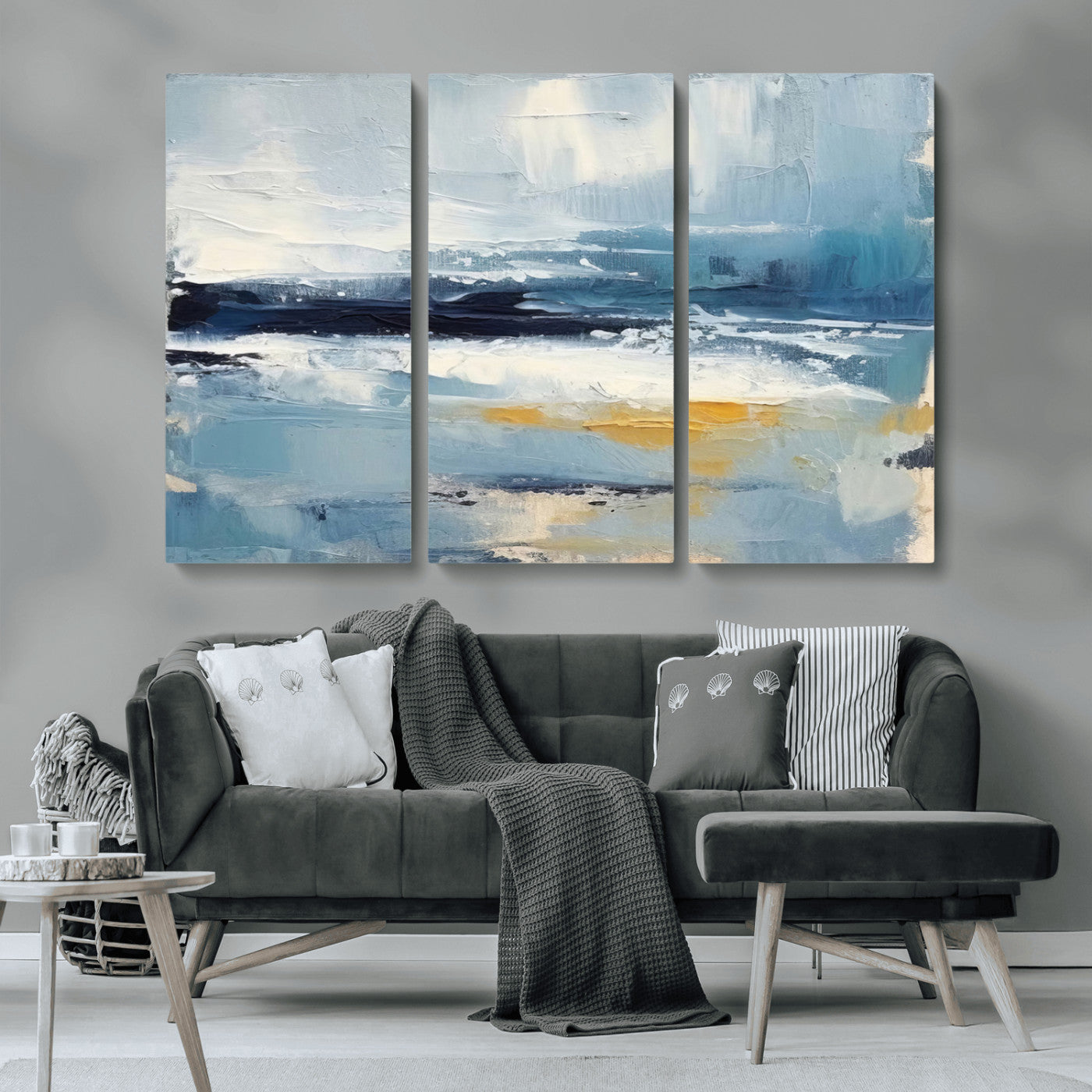 19746-MGV-CV-36X24-Abstract Ocean Wall Art – Modern Coastal Canvas Print with Blue, White and Gold Textures, Contemporary Seascape Painting for