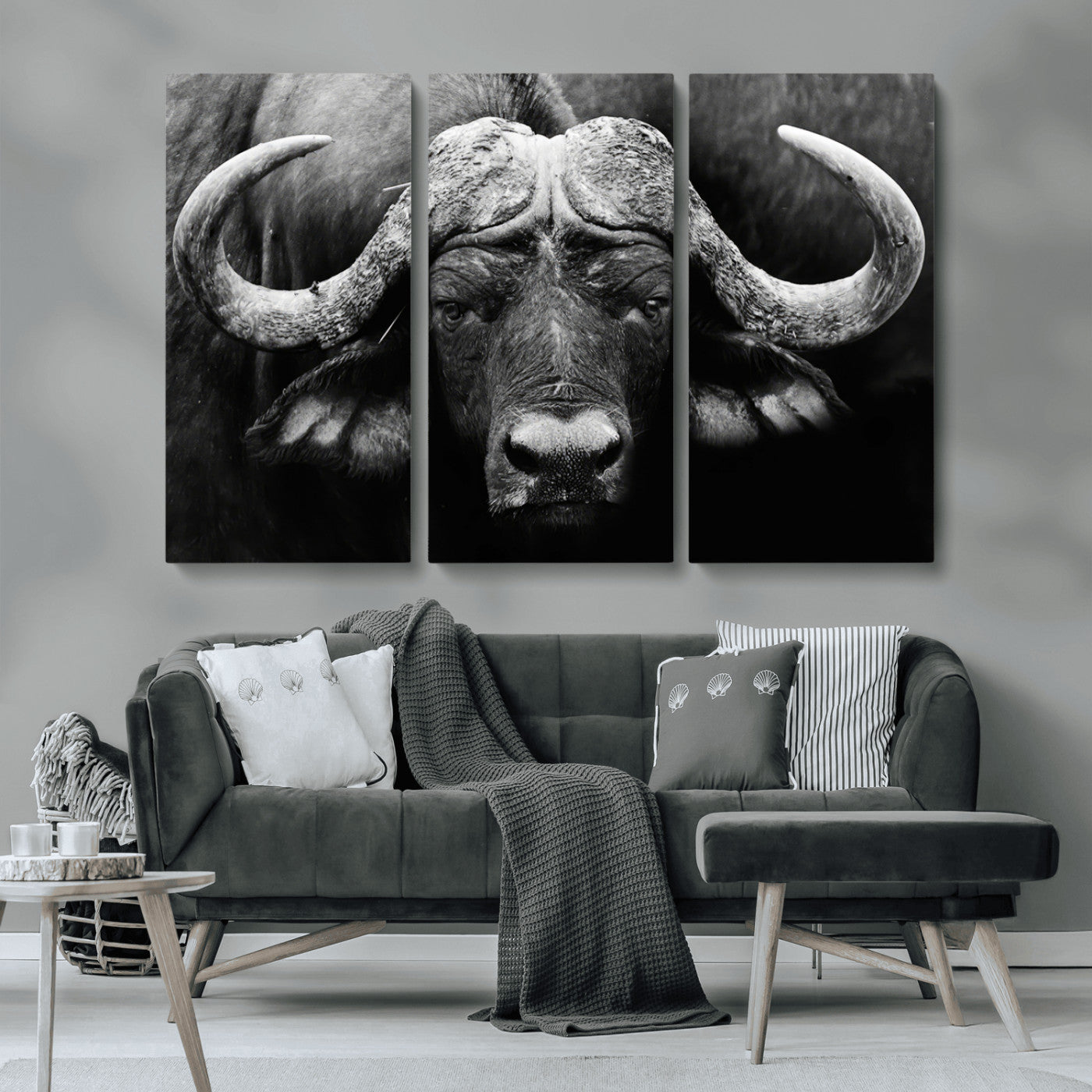 75273-MGV-CV-48X32-3P-Buffalo Wall Art – Black and White African Buffalo Canvas Print, Rustic Wildlife Animal Artwork for Farmhouse, Living Room,