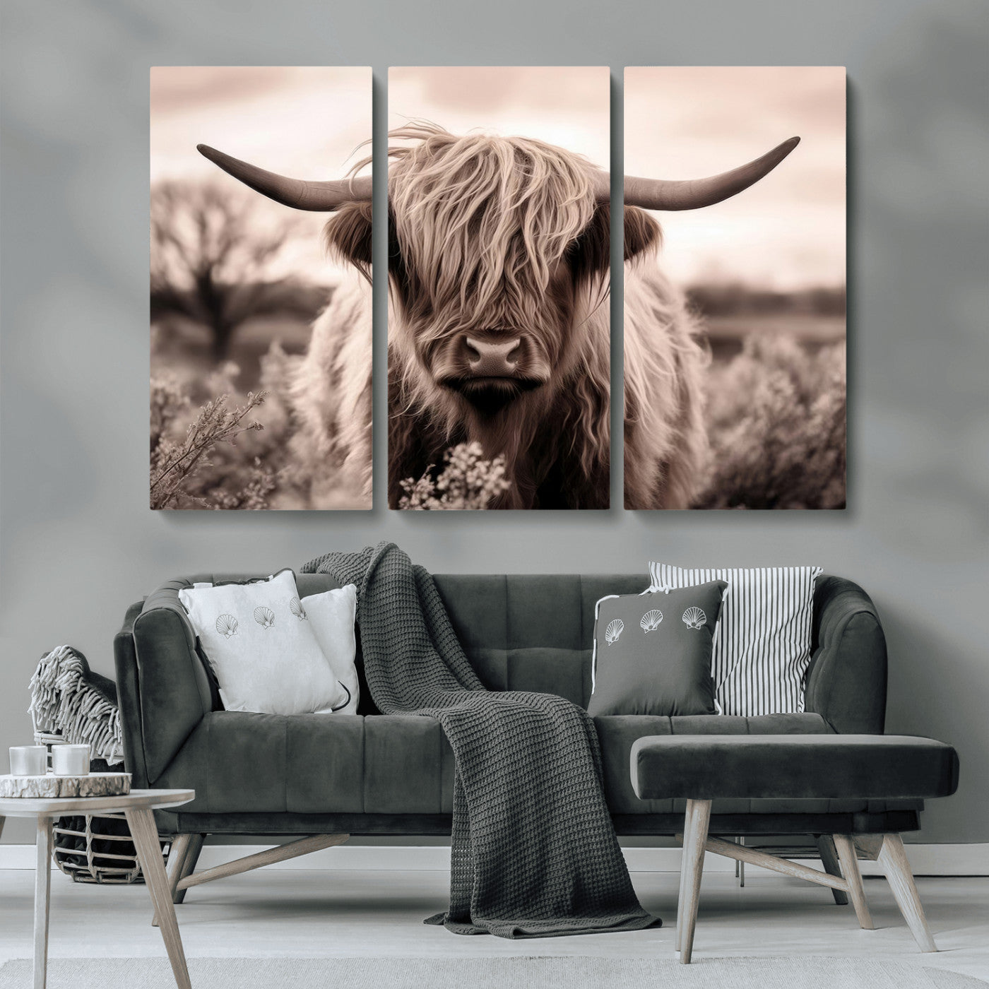 55903-MGV-CV-36X24-Highland Cow Wall Art – Rustic Sepia Scottish Highland Bull Canvas Print, Farmhouse Country Animal Decor for Living Room, Bedroom