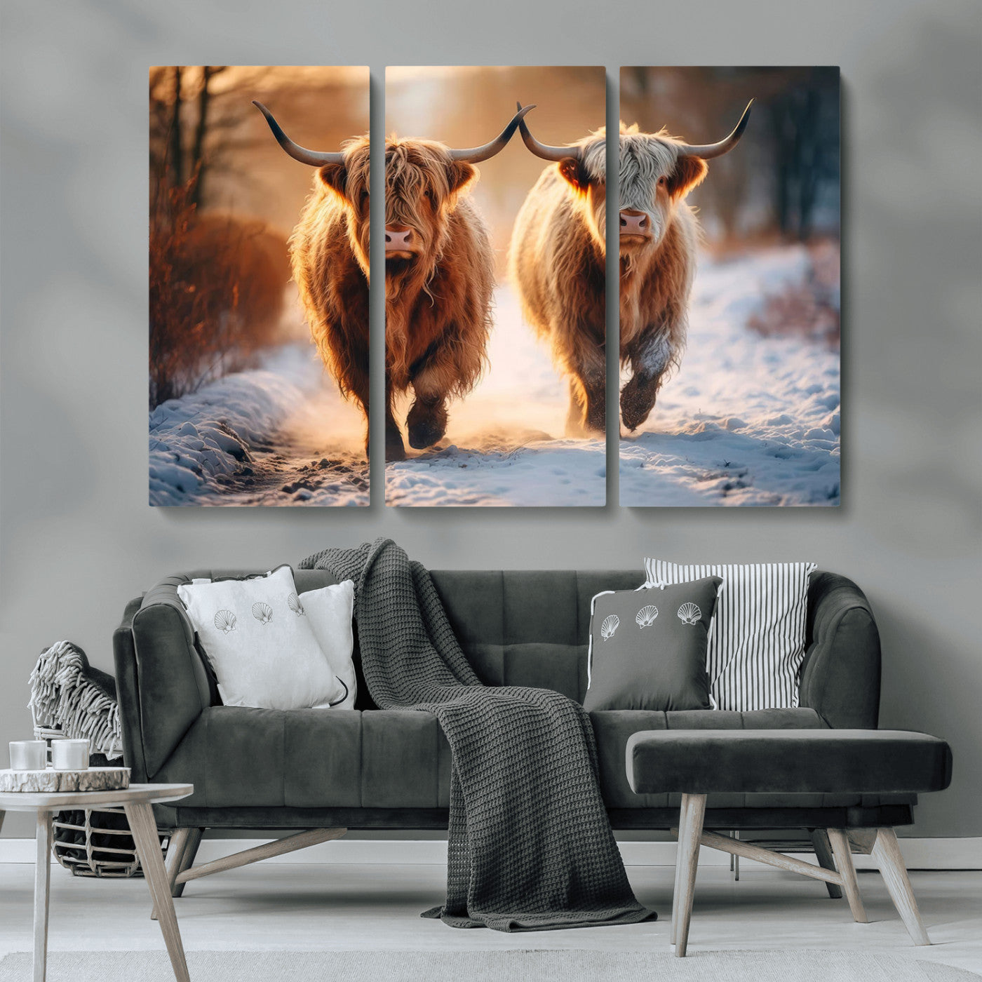 94810-MGV-CV-36X24-Highland Cow Wall Art – Rustic Canvas Print Two Cattle Snow Path Sunset, Farmhouse Country Decor for Living Room, Bedroom, Office,