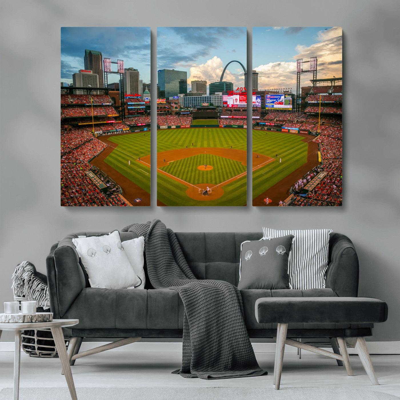 91908-MGV-CV-36X24-Baseball Stadium Wall Art – Canvas Print Game Day Field City Skyline Iconic Arch Scene Sports Photography, Decor for Game Room,