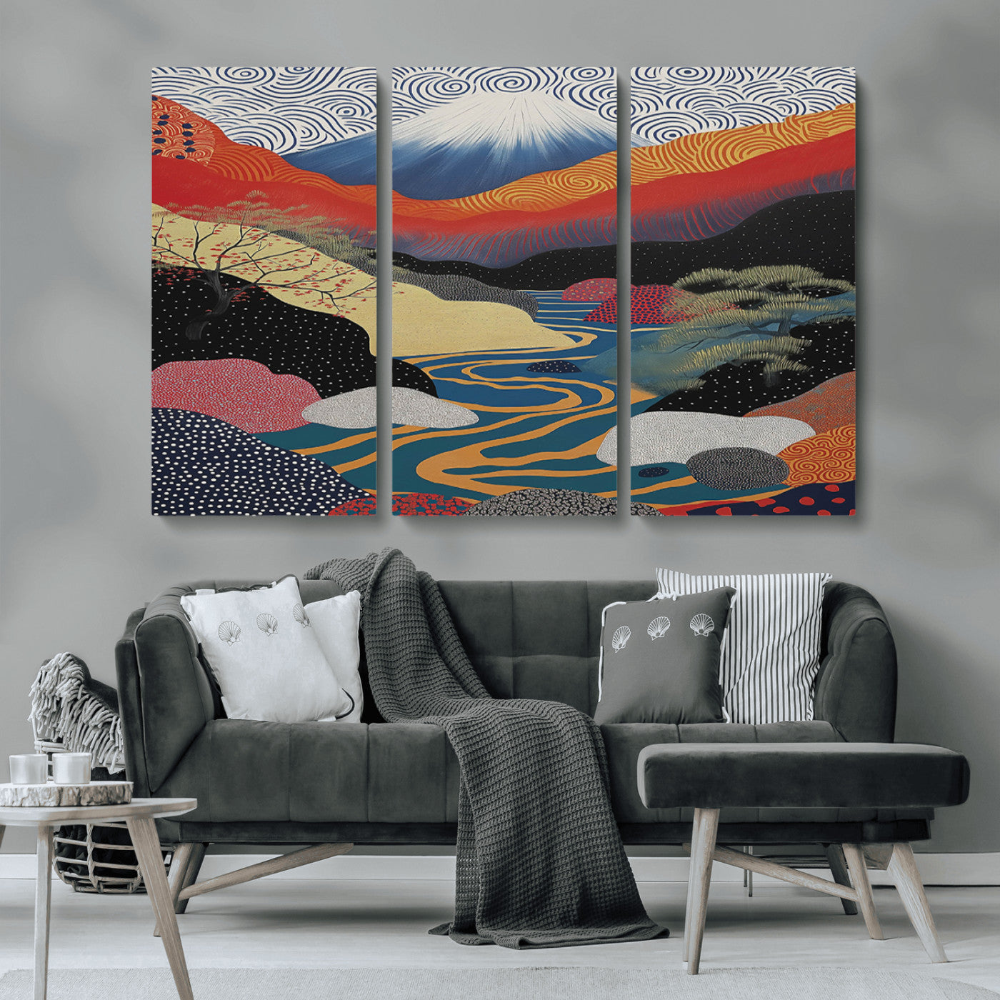 22313-MGV-CV-36X24-Yayoi Kusama Wall Art – Abstract Mount Fuji Landscape Canvas Print, Vibrant Japanese Nature Scene with River, Mountains and Sky